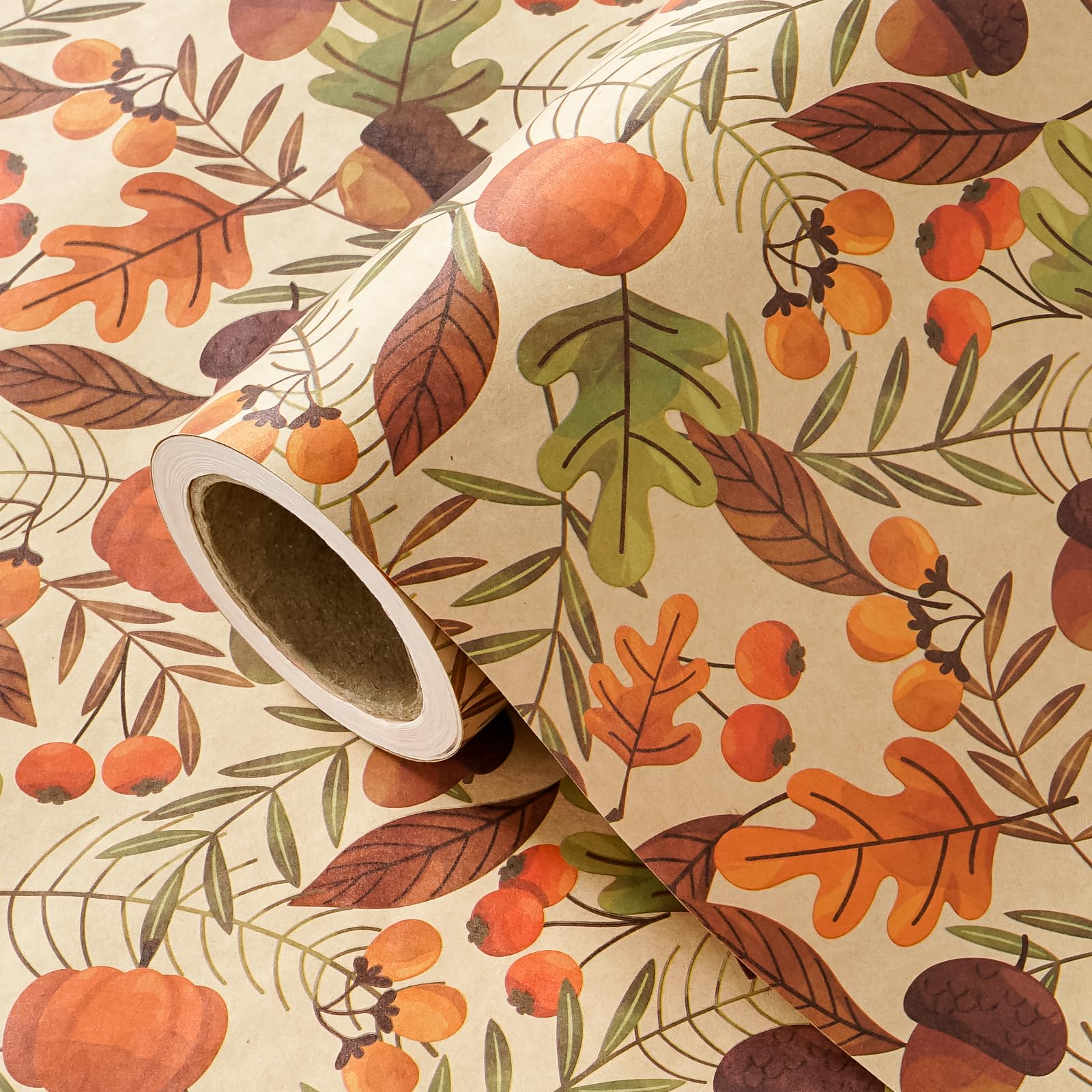 RUSPEPA Kraft Fall Wrapping Paper - Mini Roll - 43.2cm x 5m - Autumn Maple Leaves, Fruits Pumpkin Wrapping Paper for Autumn, Thanksgiving, Party, Holiday