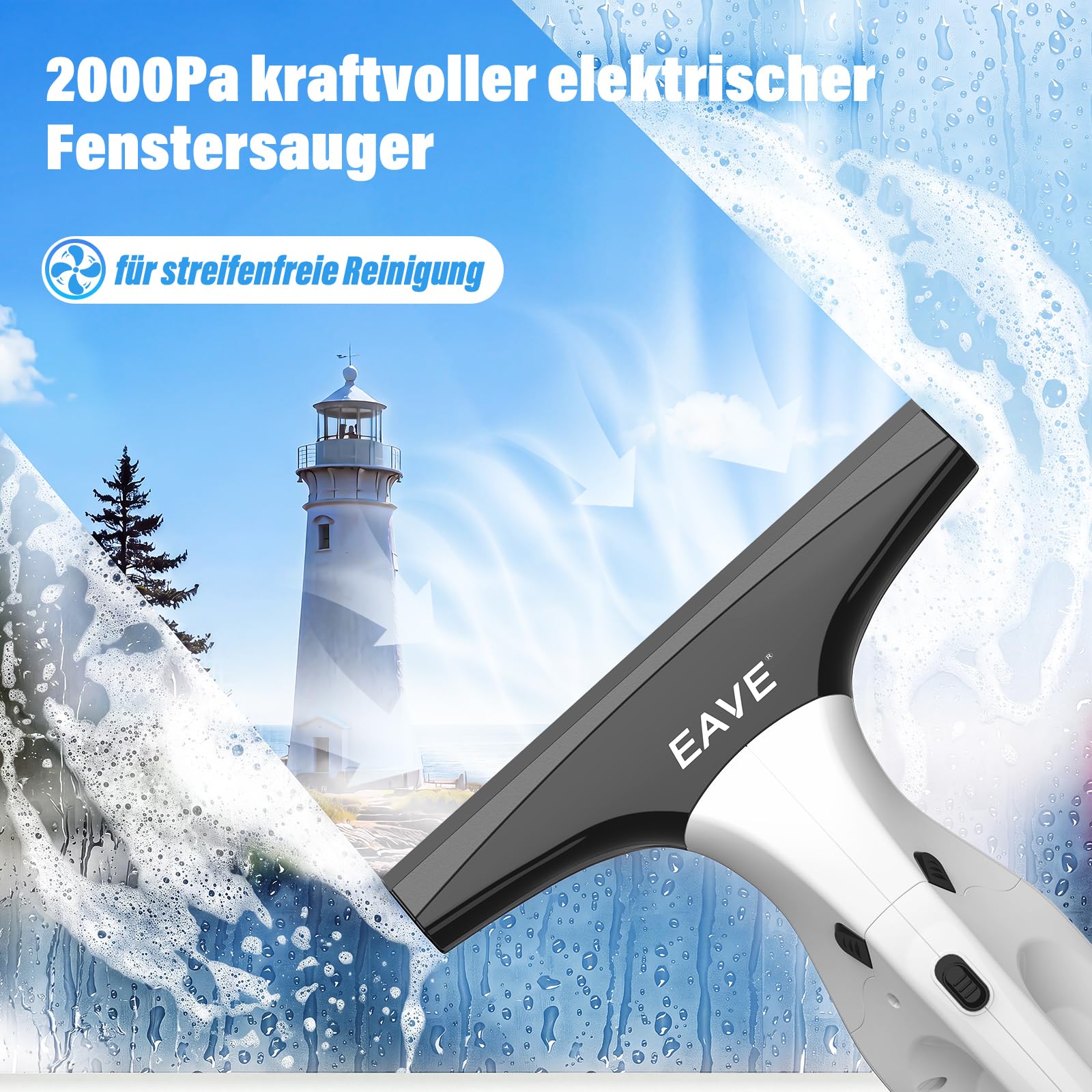 Eave Fenstersauger, Fenster Putzen mit 28cm & 17cm Abzieherklingen, 2000pa Fensterreiniger Elektrisch mit 45 Minuten Akkulaufzeit & 270ml Wassertank, Akku Fensterputzer für Fenster, Spiegel, WC07
