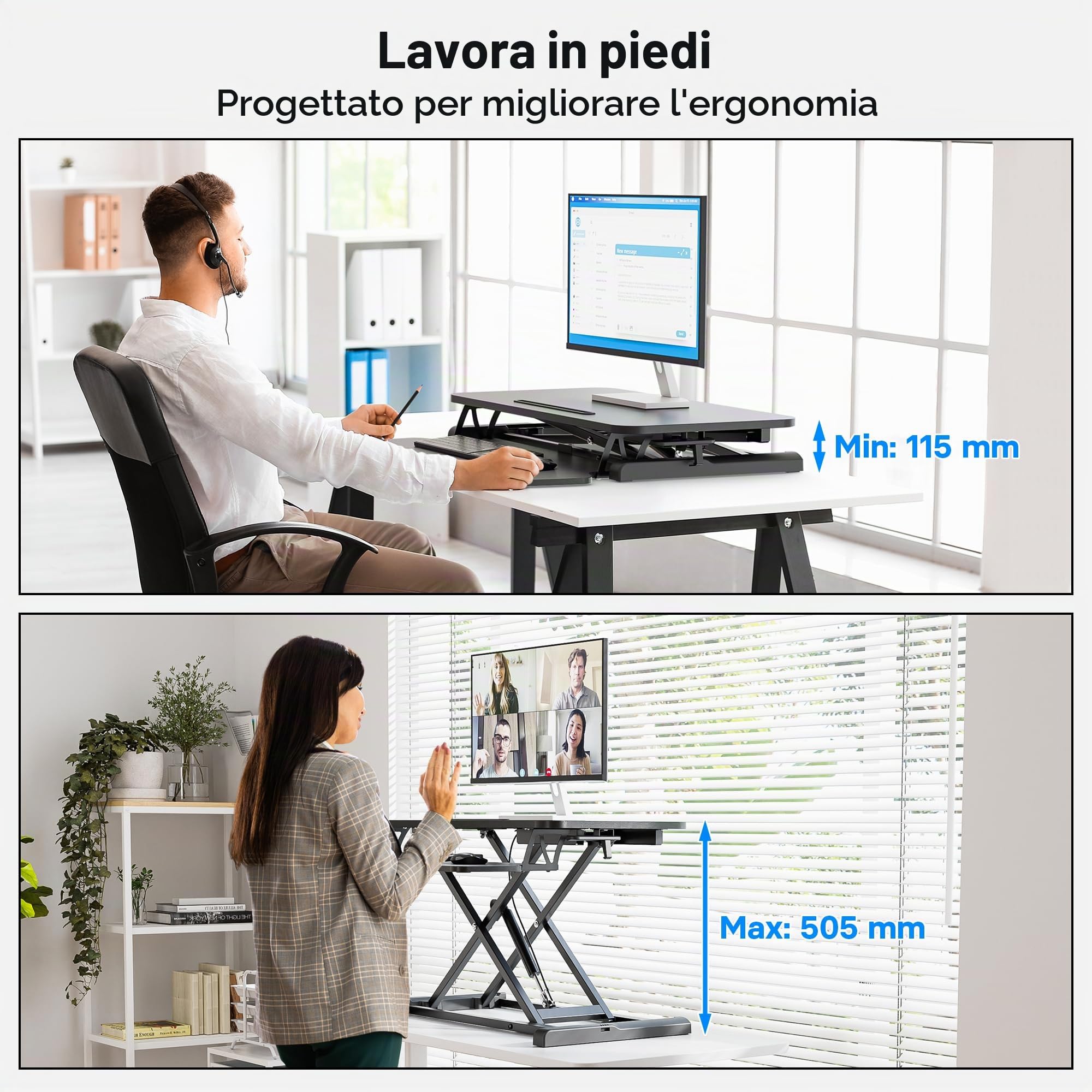 BONTEC Convertitore da Scrivania In Piedi con Vassoio della Tastiera, 800mm Regolabile in Altezza Standing Desk Converter per Schermi di Computer e Laptop, Standing Desk Regolabile Fino a 15kg, Nero