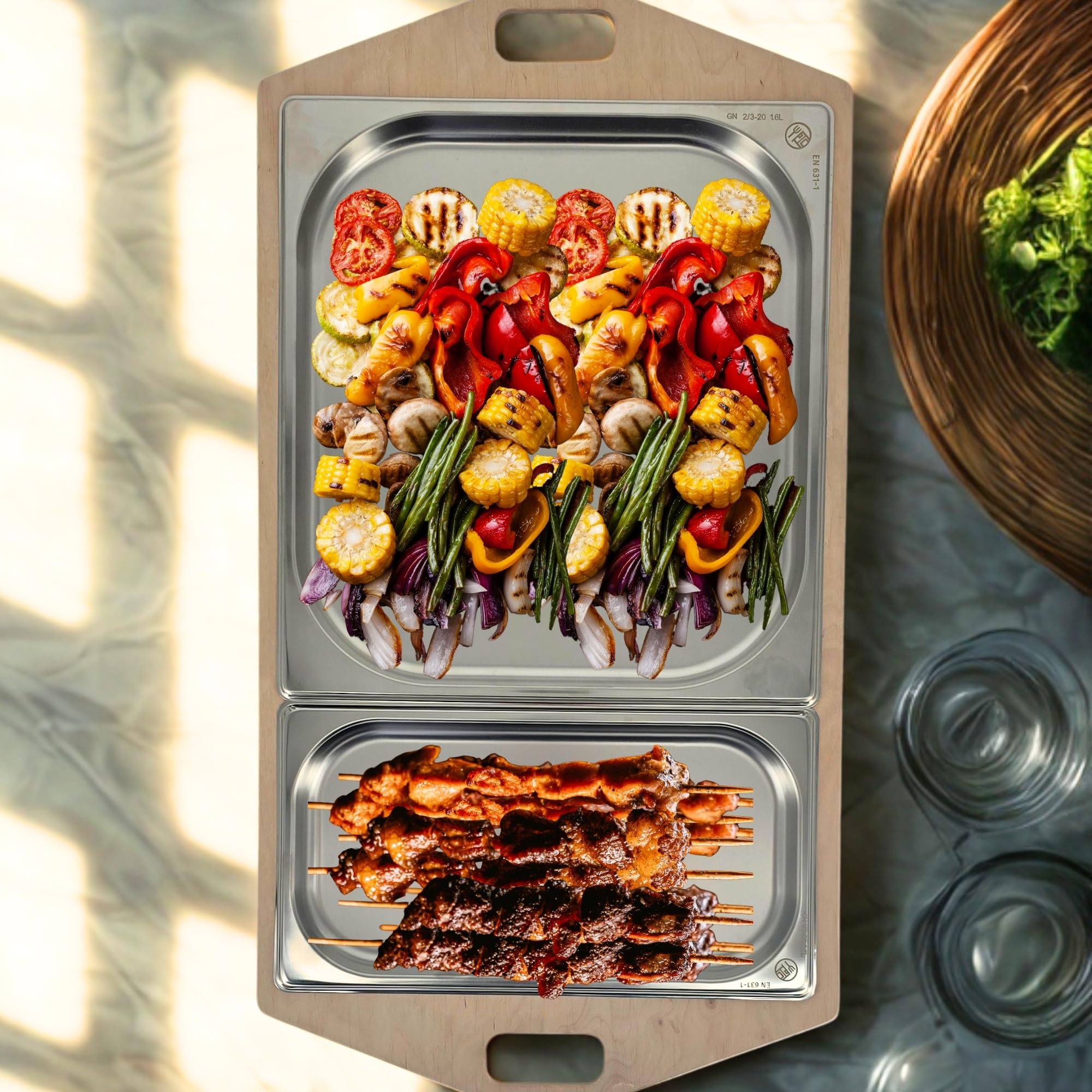 CAWI BBQ-Boards HeatBoard Voedselwarmer voor barbecue-avonden, BBQ serveerschaal met roestvrijstalen steun en theelichtfunctie, warmhoudplaat voor vlees en bijgerechten, grillaccessoires in stijl