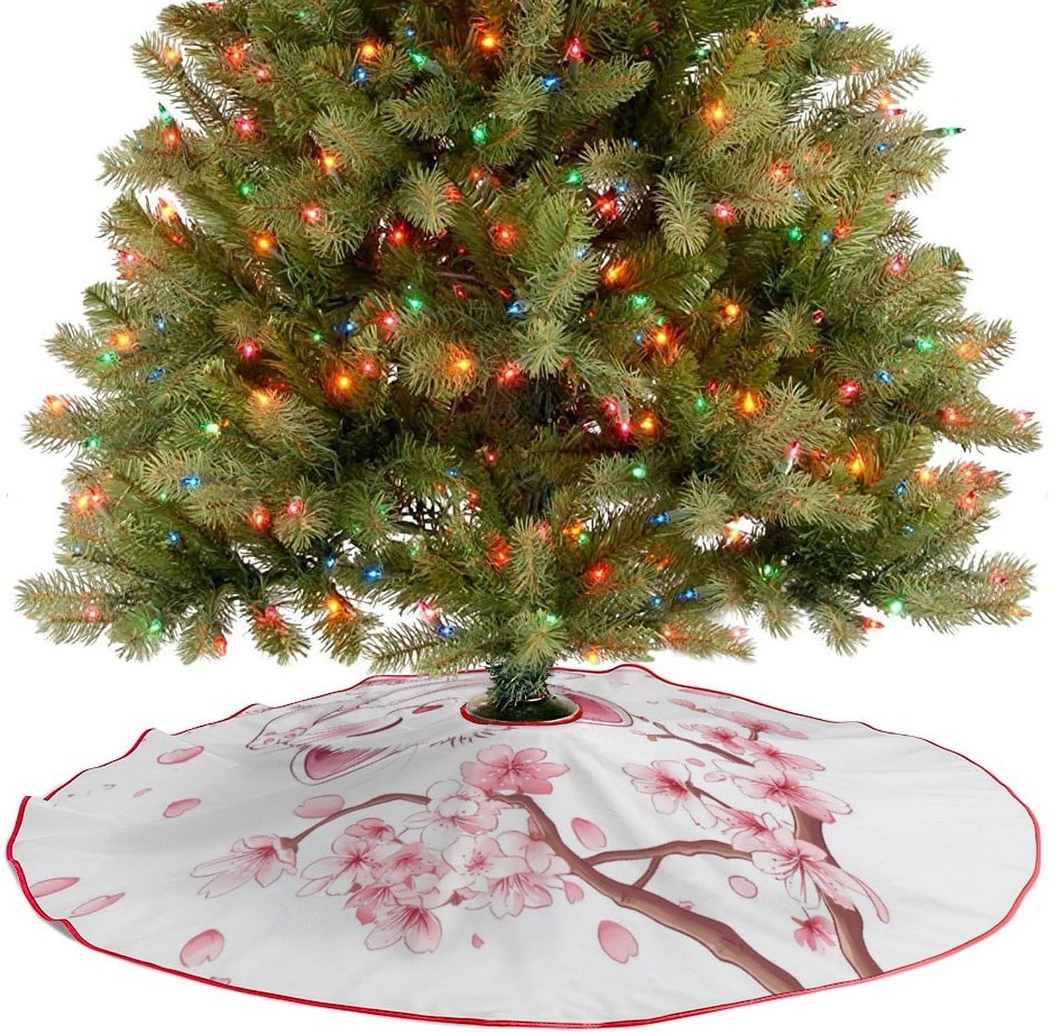 Cute Cat with Cherryflowers Christmas Tree Skirt Ornaments Christmas Tree Mat for Home Party Holiday Decorations