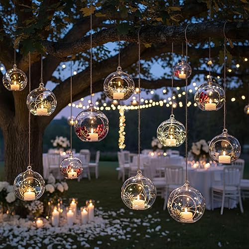 Miniatura 8 de Vela colgante Hoder con globos de vidrio, terrario, 2.36 pulgadas, plantas de aire, portavelas para bodas (12 unidades, 2.36 pulgadas de diámetro)