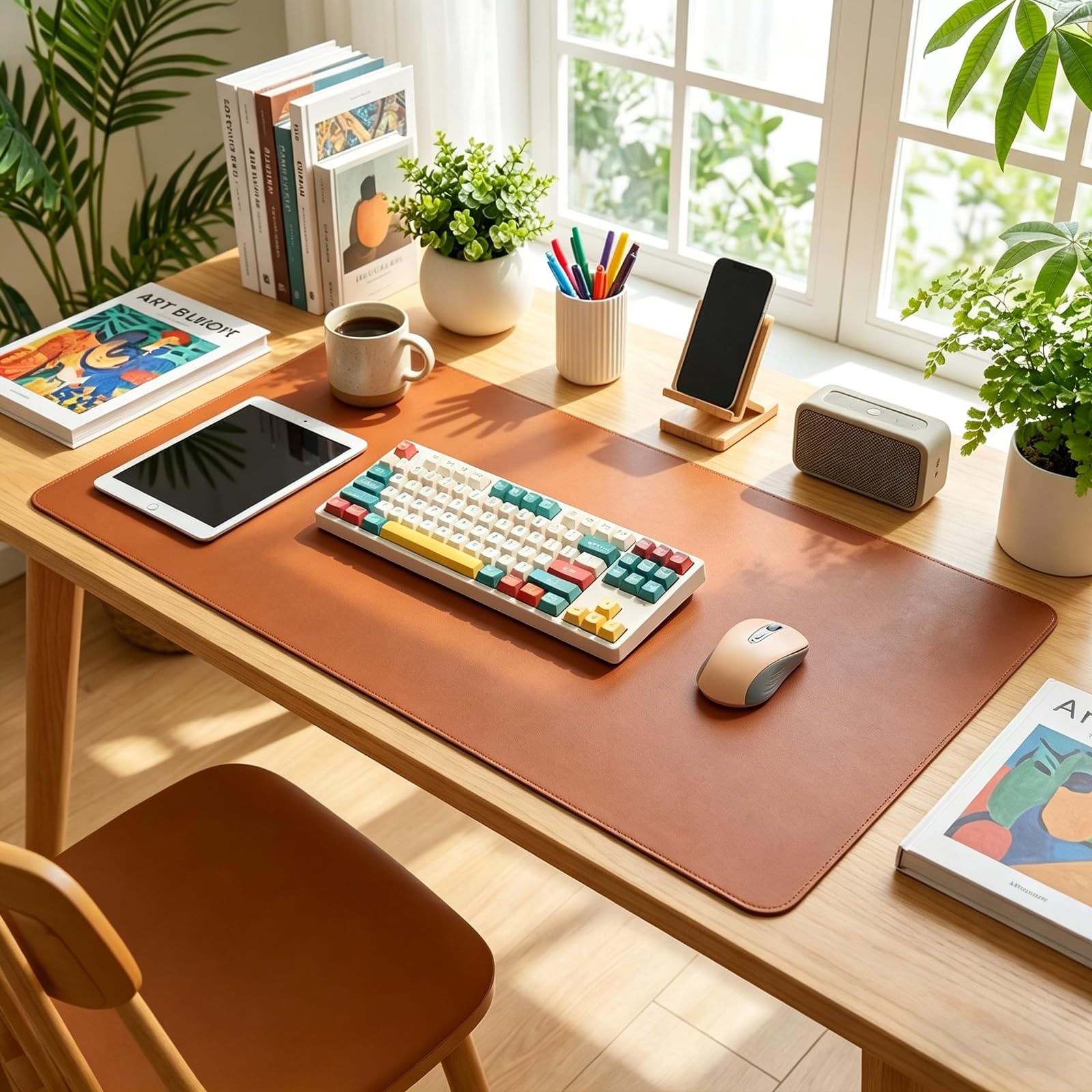 Edge-Locked Non-Slip Large Desk Pad with Edge Protector, Leather Office Laptop Table Protector Extended Keyboard Mouse Mat, Desk Blotter for Writing Home (Brown,43x122cm) โ image 1