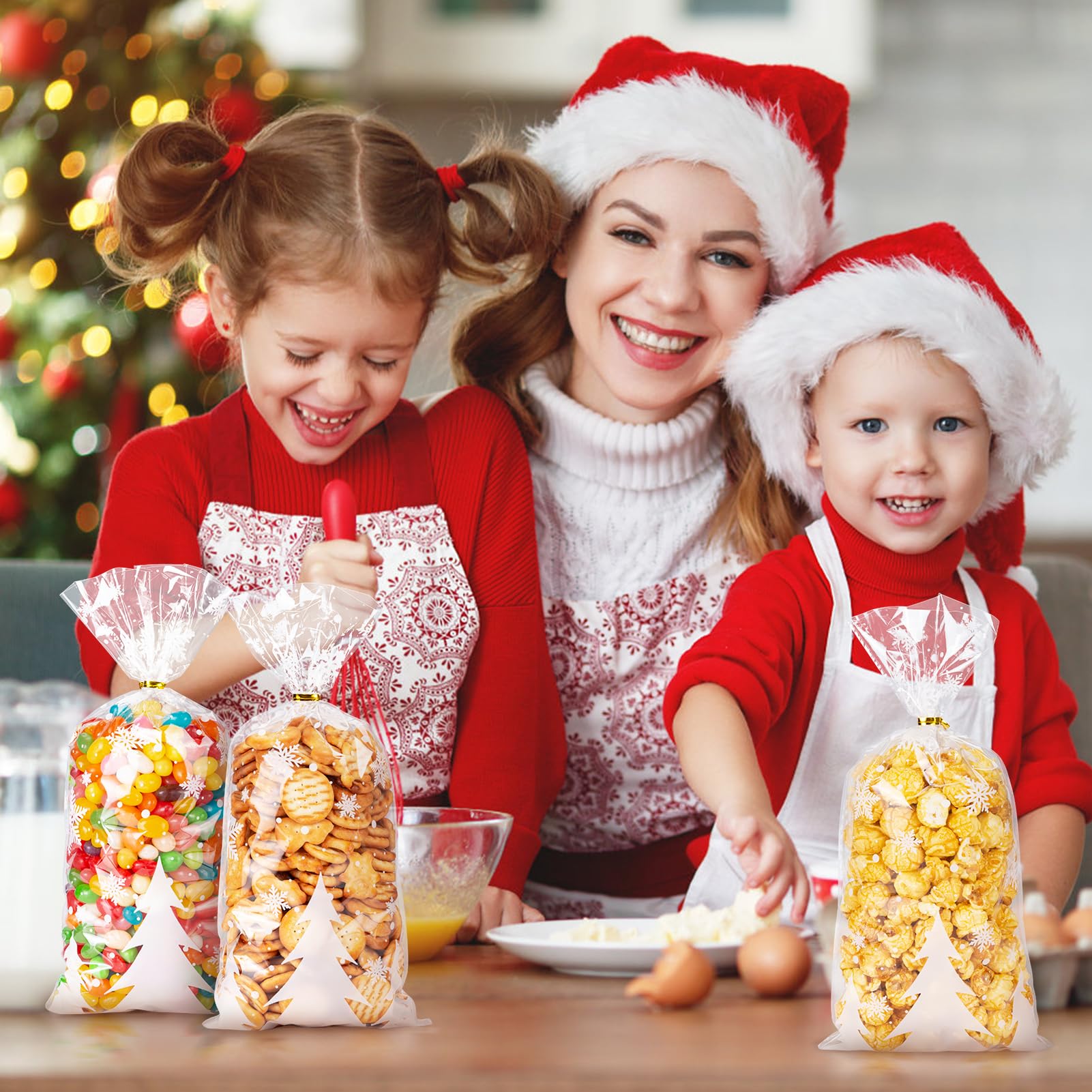 MELLIEX 100 Sacchetti Per Biscotti A Forma Di Fiocco Di Neve - Cellophane Trasparenti 27x13 Cm Con 200 Twist Ties Oro - Ideali Per Caramelle E Regali Di Natale