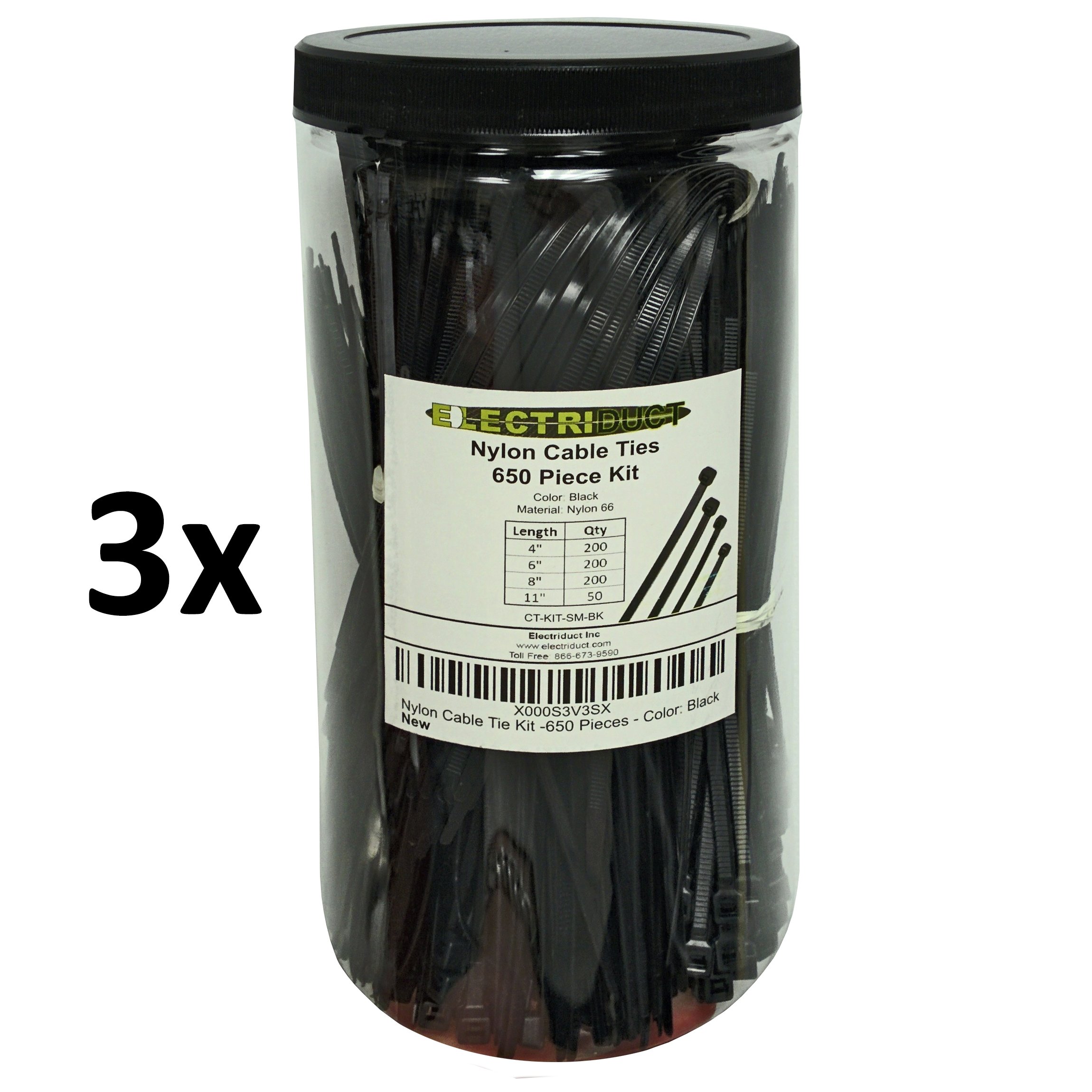 Electriduct Nylon-Kabelbinder-Set, 1950 Kabelbinder, verschiedene Längen: 10,2 cm, 15,2 cm, 20,3 cm, 27,9 cm, Schwarz