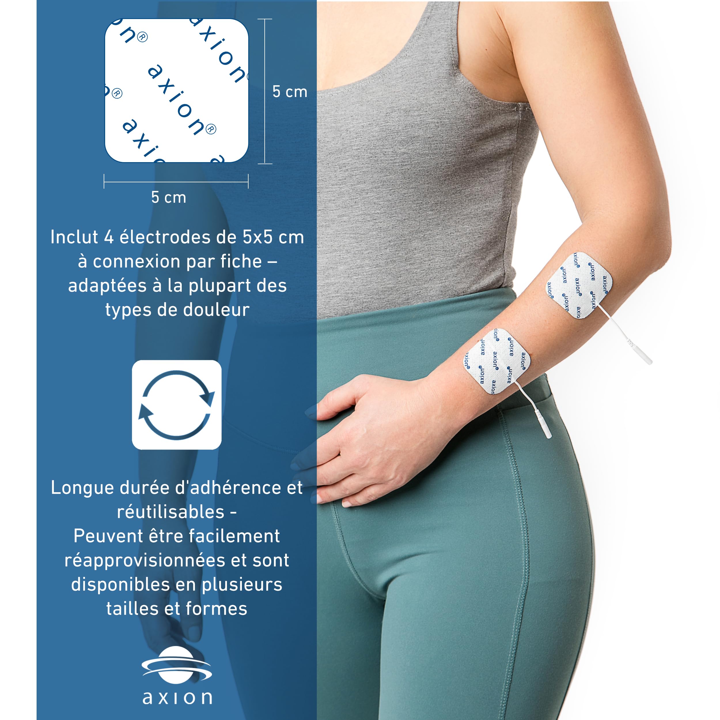 Électrostimulateur TENS manuel à 2 canaux STIM-PRO ECO axion® pour le traitement de la douleur avec 4 électrodes 5x5 cm et 1 électrode cervicale | Paramètres réglables | Batterie rechargeable 9V