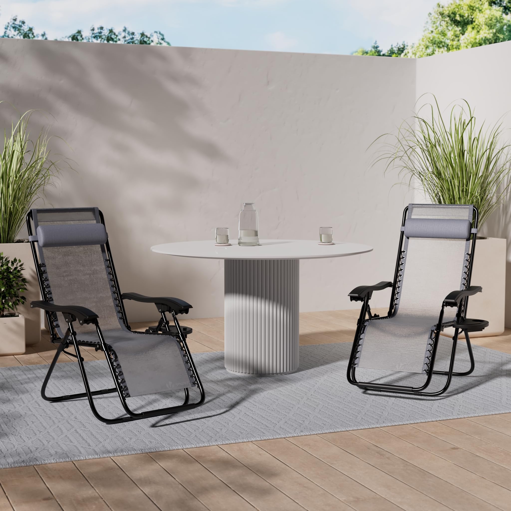 VOUNOT® Set de 2 Tumbona Plegable Multiposicione Jardín, Silla Gravedad Cero Reclinable, con Soporte para Bebidas y Reposacabezas Axtraíble, Carga máxima 120kg, Gris