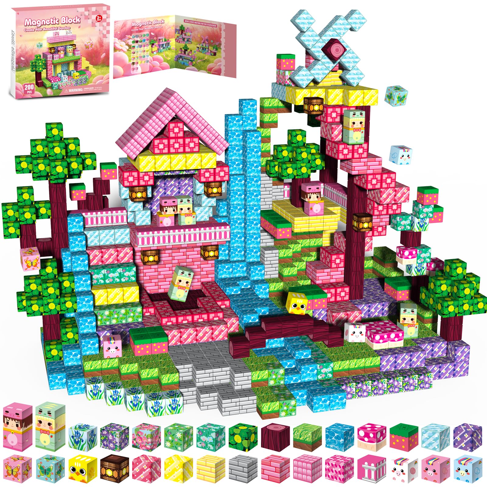 Gryxpox Magnetic Blocks,200pcs Magnetic Building Blocks, Magnet Tiles with Ice Castle World Blocks Set Toy,Build Mine Magnet World Toy (Flower)