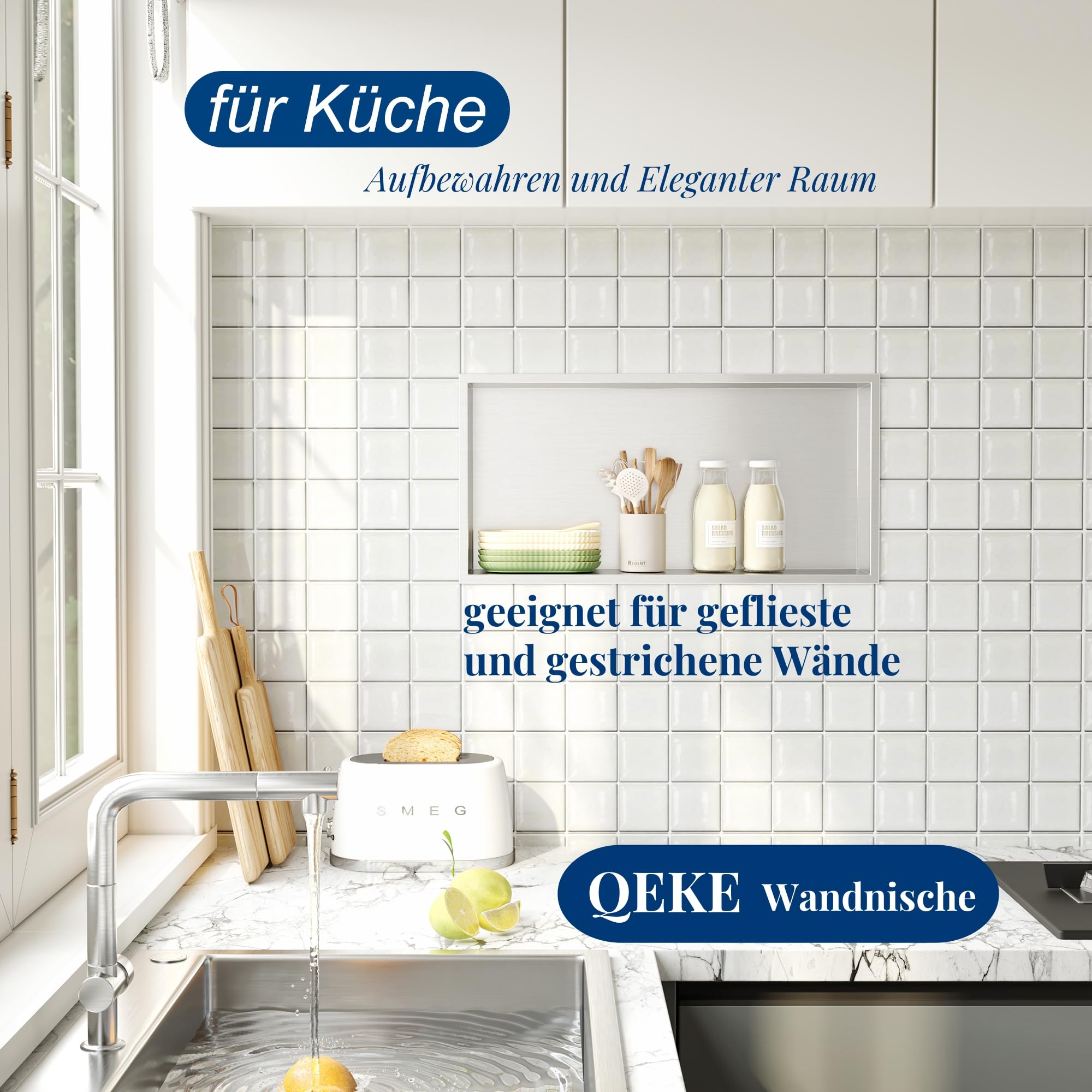 Qeke Duschnische, Eingebaute Badablage mit Rahmen, 60cm, Nickel | 304 Edelstahl, rostbeständig, wasserdicht, leicht zu reinigen, mehrere Größen, ideal zur Duschaufbewahrung