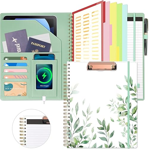 Vista 19 de Portapapeles con almacenamiento para hombres y mujeres, portafolio de cuero, 5 carpetas con 10 bolsillos, portapapeles en espiral con bloc de notas