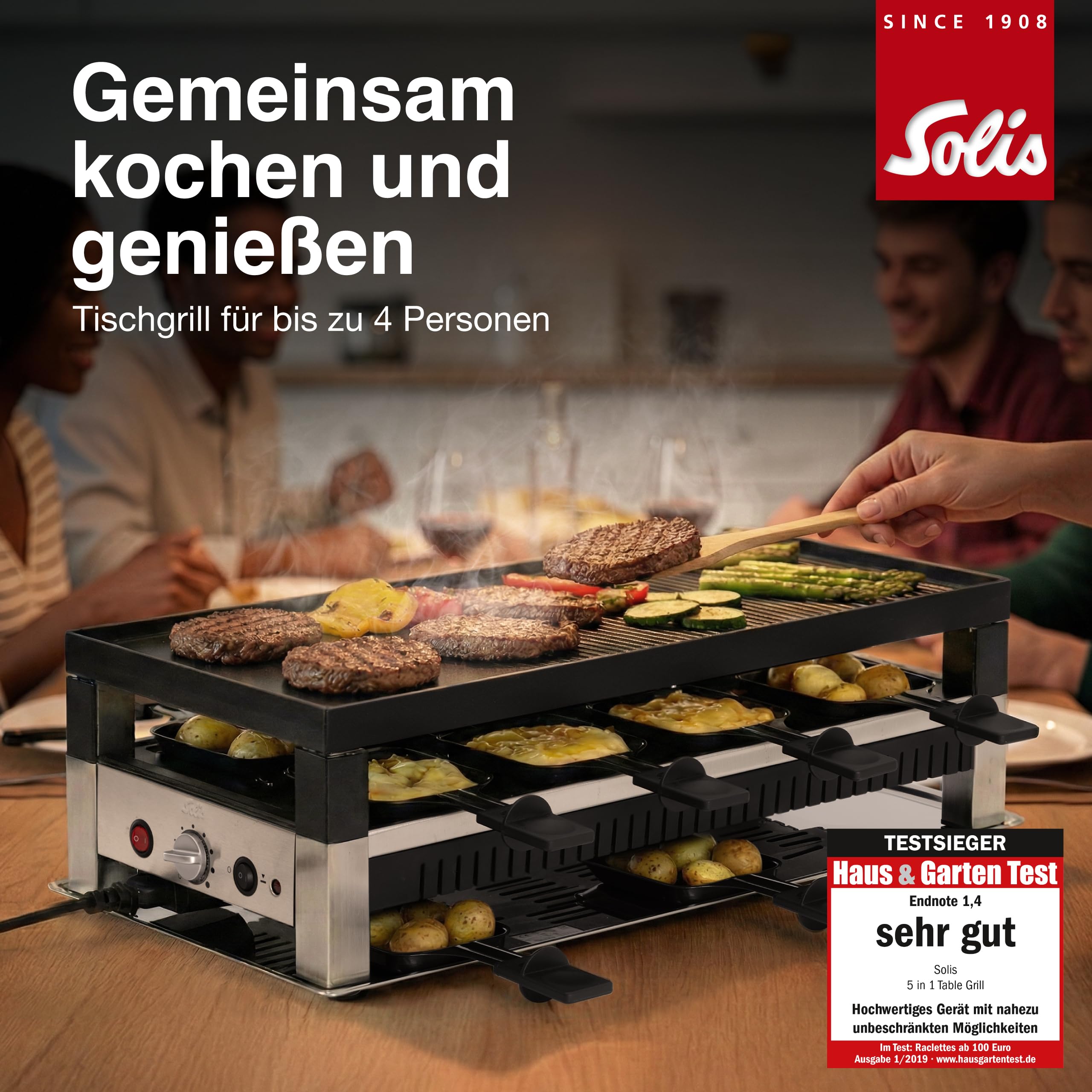 Solis 5in1 Tischgrill mit 1400 W, Elektrischer Grill für 8 Personen, Indoor Grill mit Raclette- und Mini-Wok-Pfännchen, Elektrogrill für Balkon, Garten und Küche, Edelstahl, inkl. Transporttasche