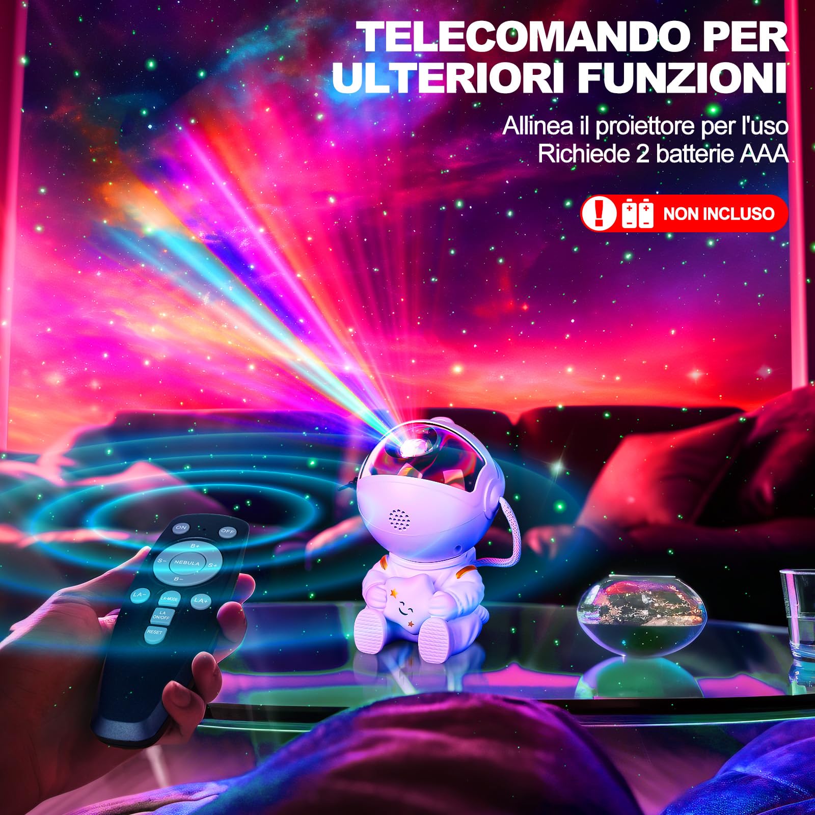 VIYSPNV Proiettore Stelle Astronauta, Lampada Notturna Bambini con 8 Modalità Nebulosa e Stelle, 360° Controllo Remoto, Luminosità e Velocità Regolabili per Camera da Letto e Relax