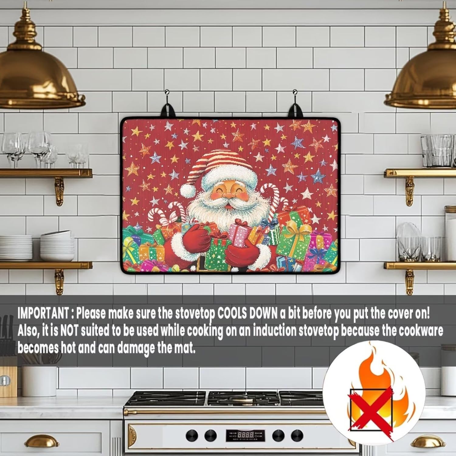 Generic Scratch-Proof Oven Covers for Electric Stove Gifts Santa Claus Stovetop Protector for Gas Stove Top with 2 Hooks Heat-Resistant and Wear-Resistant Combine Decorative and Practical Functions