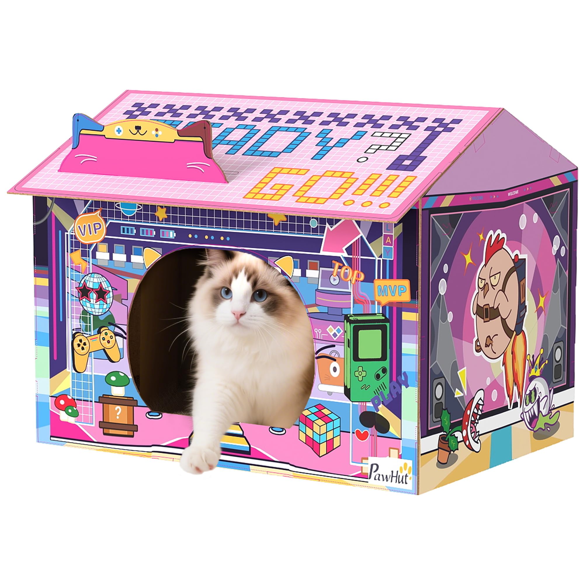 PawHut Cardboard Cat House with Scratching Board & Catnip, 2 in 1 Cat Scratcher Gaming Style for Indoor Kittens, 45x32x35 cm, Pink