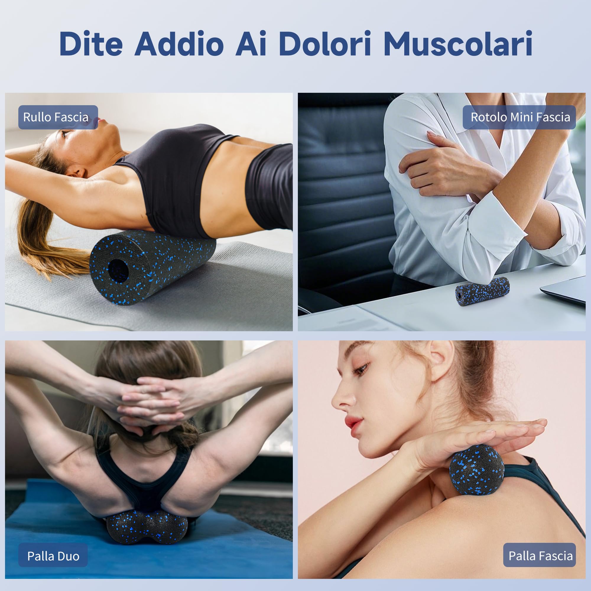 YC Kitchen Foam Roller Set di 4, Rilassamento Muscolare | Pezzi con Rulli Grandi e Piccoli, Doppia Palla Massaggio e Palla Singola,Borsa Trasporto Inclusa