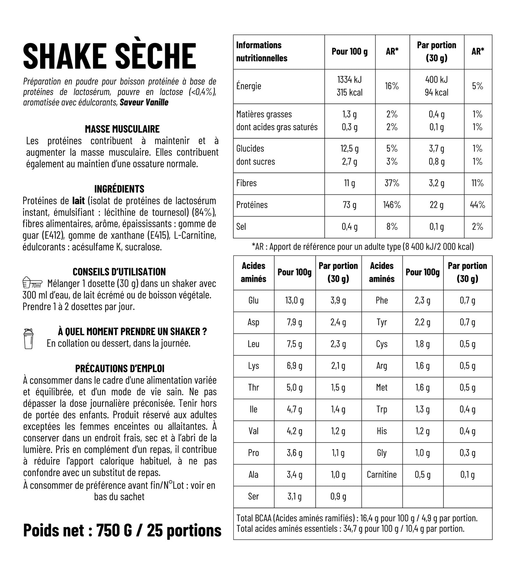 1Defy - Shake Sèche - Boisson protéinée - Sèche musculaire (750g, Vanille)