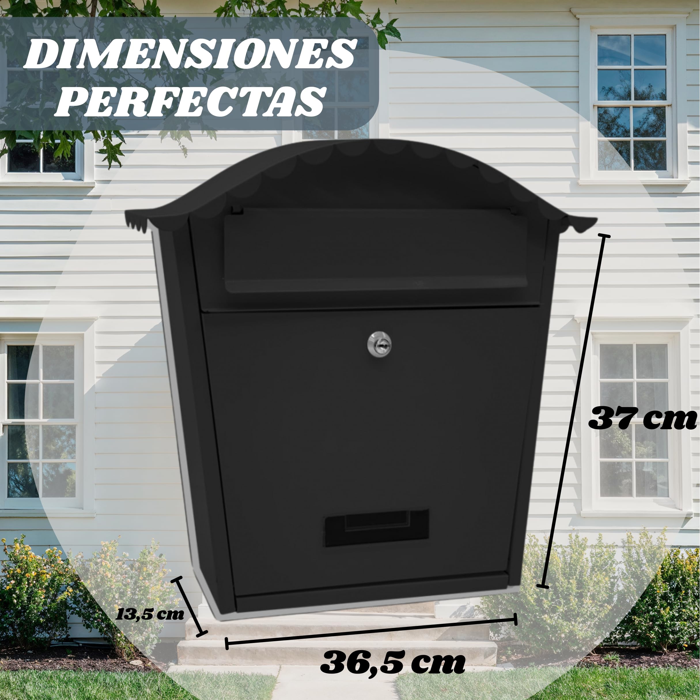 WEIDA Buzón Exterior de Acero INOX Individual | Buzones de Correos Exterior Resistentes, Elegantes, Antilluvia, Tamaño M 36,5x37x13,5 cm | Buzón de Correos Seguro, Cerradura Frontal con Llave (Negro)