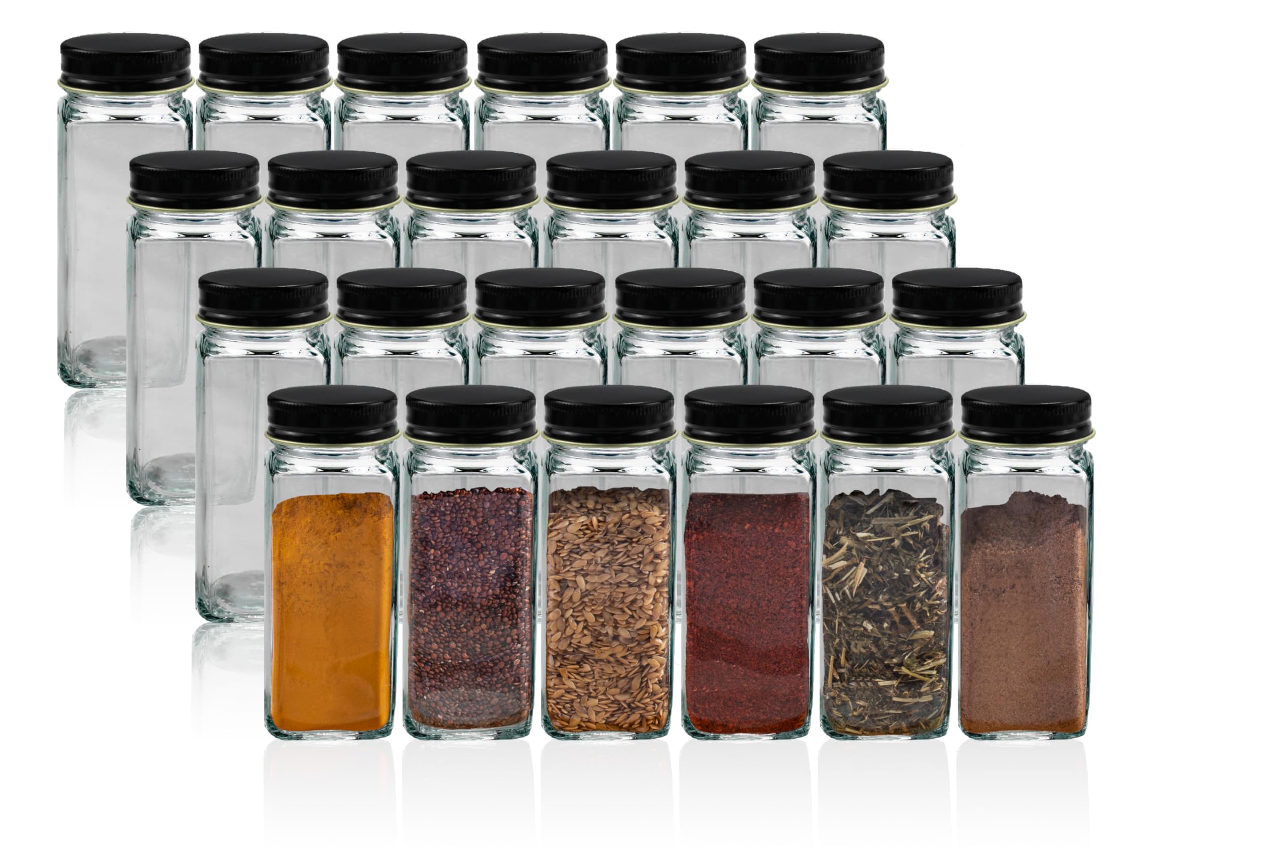 Lot de 24 x 120ml pots à épices en verre carré avec couvercle à vis, les étiquettes, les accessoires de saupoudrage et l'entonnoir en silicone (Métal)