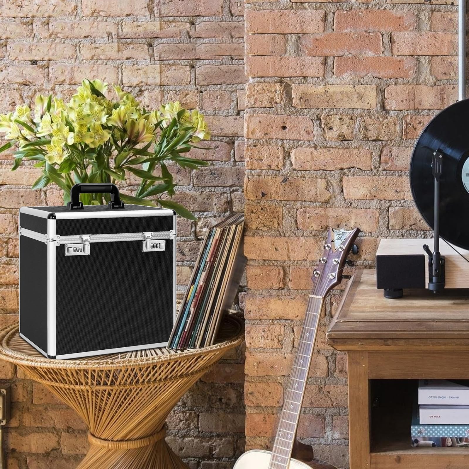 OUUTMEE Custodia per dischi in vinile, capacità di memoria: circa 50 dischi, colore nero, design in lega di alluminio, Nero , Valigetta per vinili