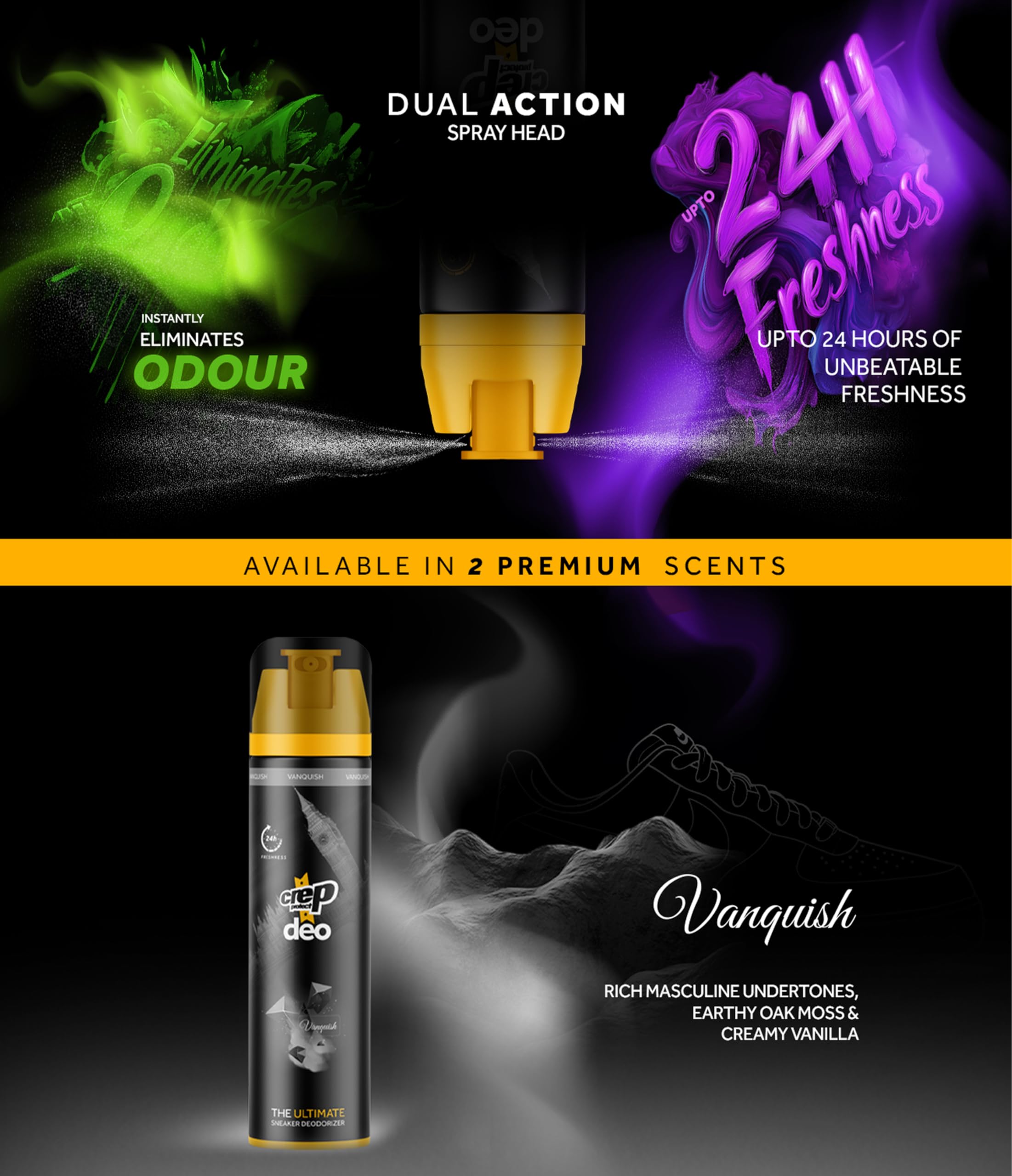 Crep Protect Shoe Deodorizer Spray - Shoe Smell Eliminator Delivers 24-Hour Odor Protection, Residue-Free Formula for All Sneakers, Refreshing Scent (Vanquish, 150ml) 1