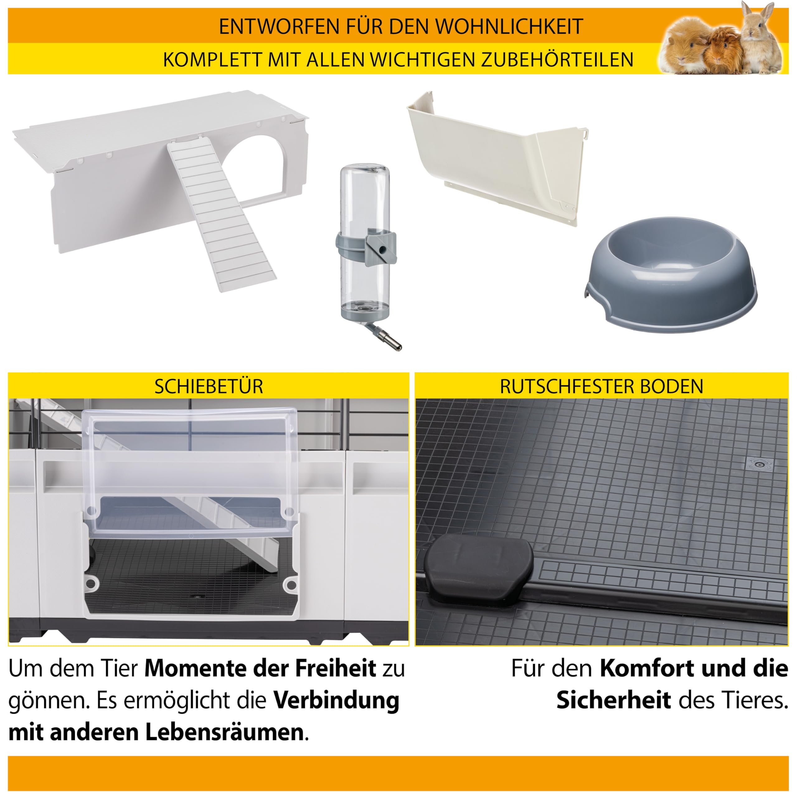 Ferplast Kaninchenkäfig, Hasenkäfig, Meerschweinchenkäfig, MODULAR 2, Modularer, erweiterbare, mit Zubehör, 109 x 72 x h 56 cm