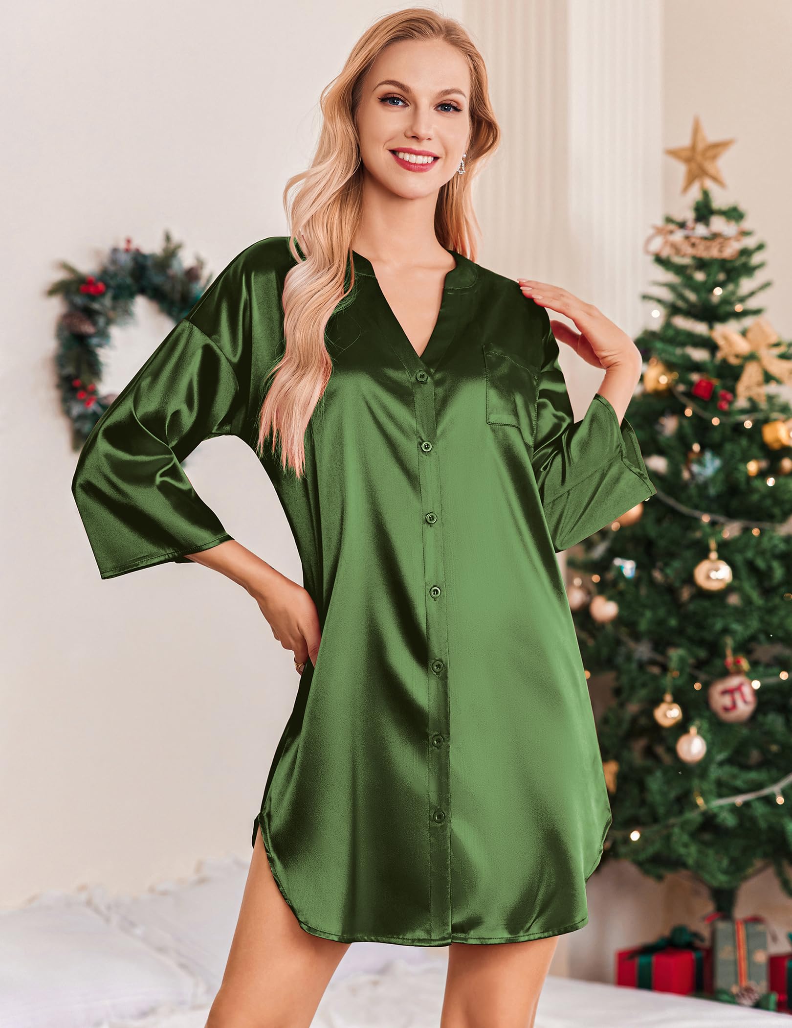 Ekouaer Satin Nightgowns for Women Silk Sleepwear Button Down Sleepshirt 3/4 Sleeve V-Neck Nightshirts with Pockets: Army Green Large