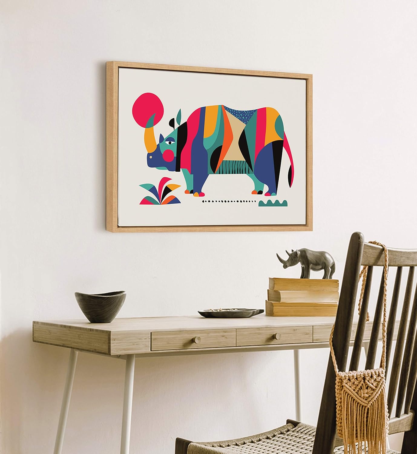 Colorful Rhinoceros Canvas Print with Natural Frame, 27" x 22"