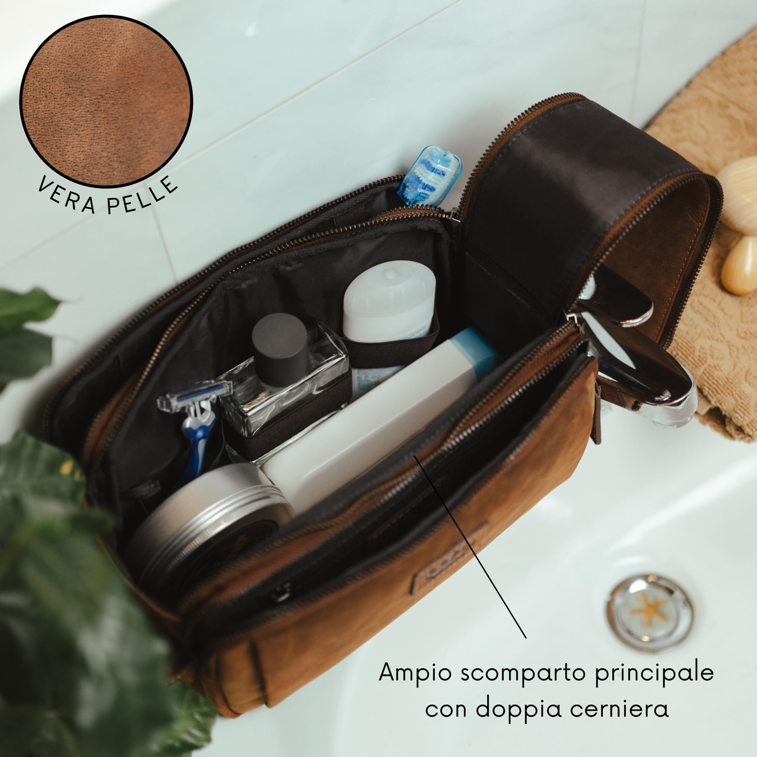 Baur beauty case in vera pelle – grande trousse da viaggio con molto spazio – beauty case da donna e uomo (Pelle di bufalo marrone)
