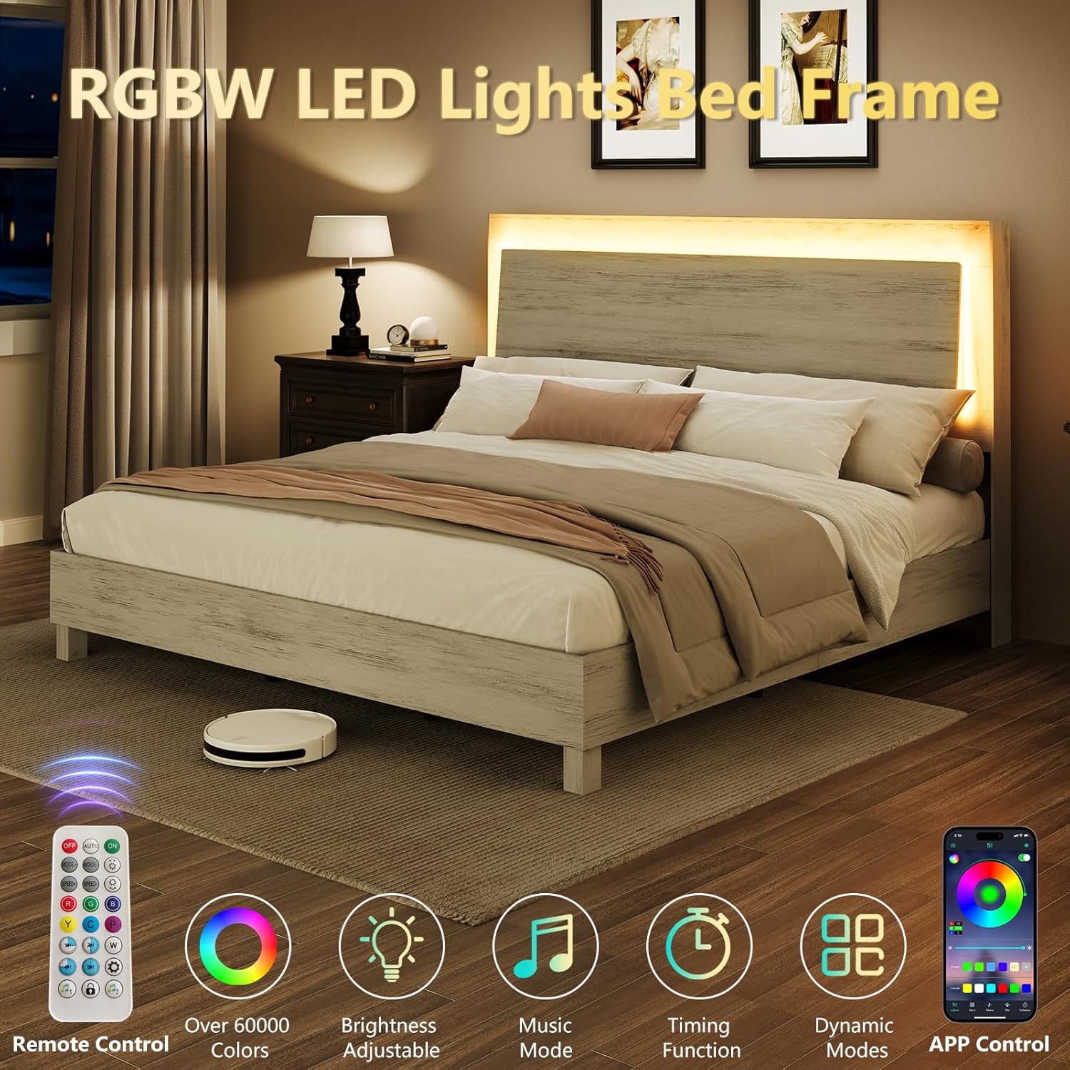 LUXOAK Full Size Wood Bed Frame with RGBW LED Light, Mid-Century Modern Platform Bed with Floating Headboard and Solid Wood Legs, No Box Spring Needed, Easy Assembly, Distressed White