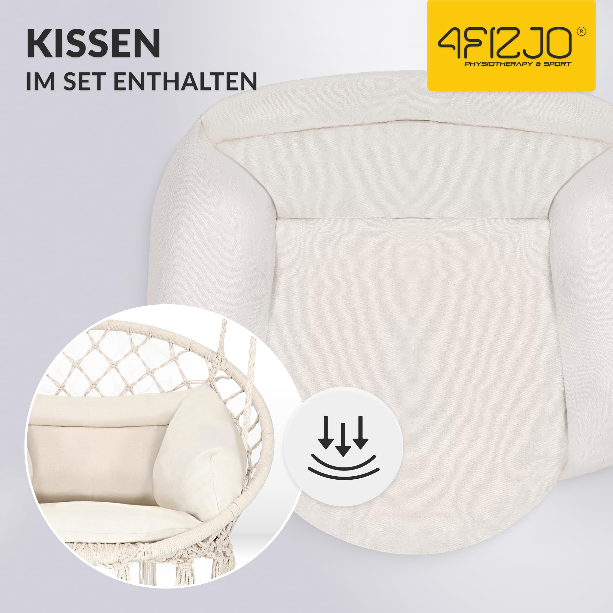 4FIZJO Hängesessel Boho mit Kissen, Makramee hängesessel, Garten schaukel, Hängekorb, Schaukelkorb, Therapieschaukel Kinder, Hängesessel Indoor & Outdoor, Hängesitz, Maximale Belastung 125 kg, Beige