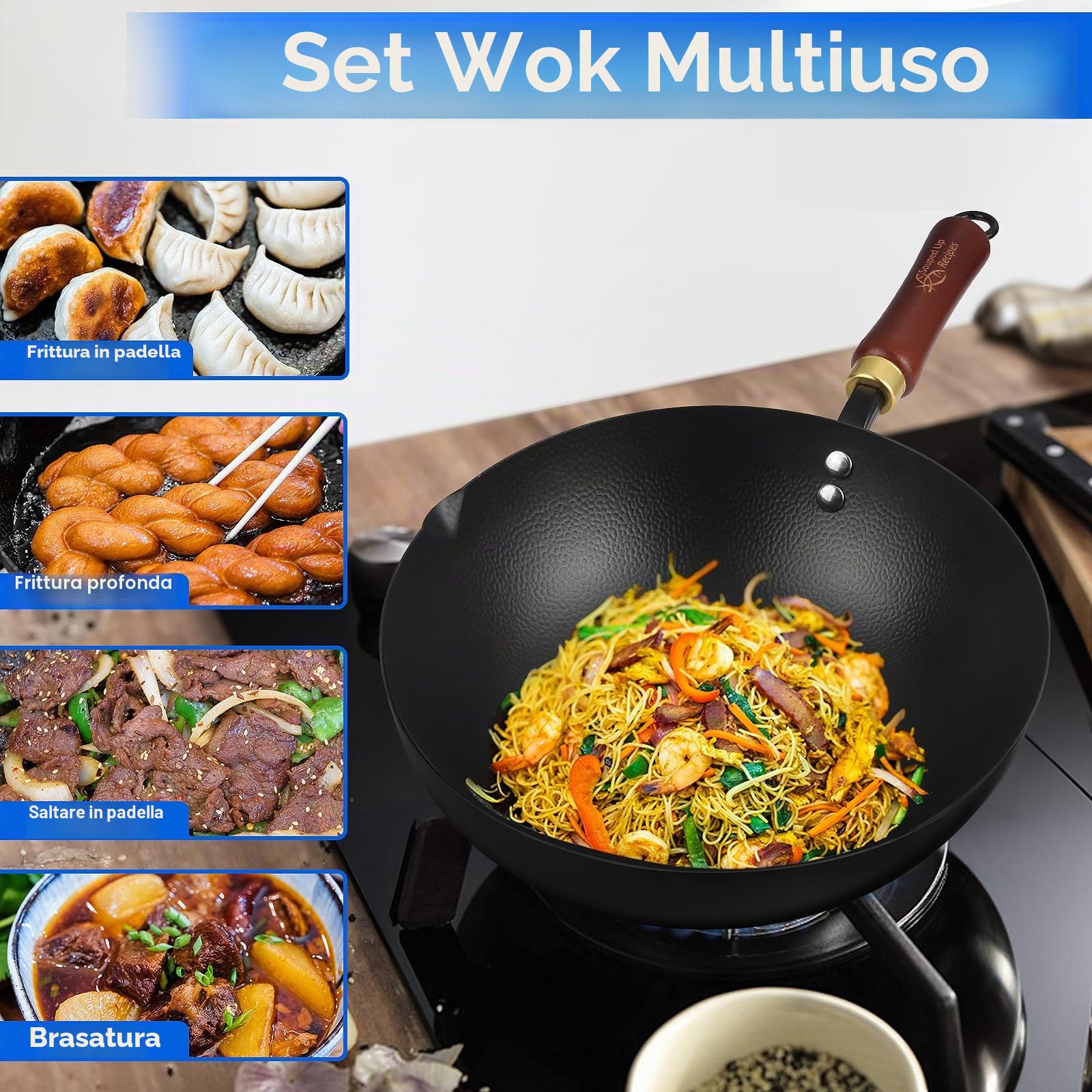 Souped Up Recipes Wok da 25,4 cm in acciaio al carbonio per stufe elettriche, a induzione e a gas (coperchio e manuale utente inclusi)