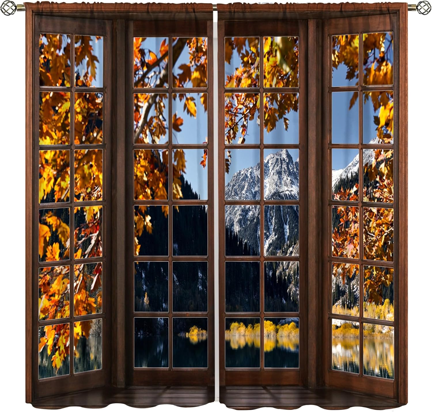 Autumn Scenery Curtains, Maple Leaves Fallen Leaves Forest Snow Mountain Window Treatments for Bedroom Kitchen Living Room Drapes 2 Panels Rod Pocket 42x63 Inch