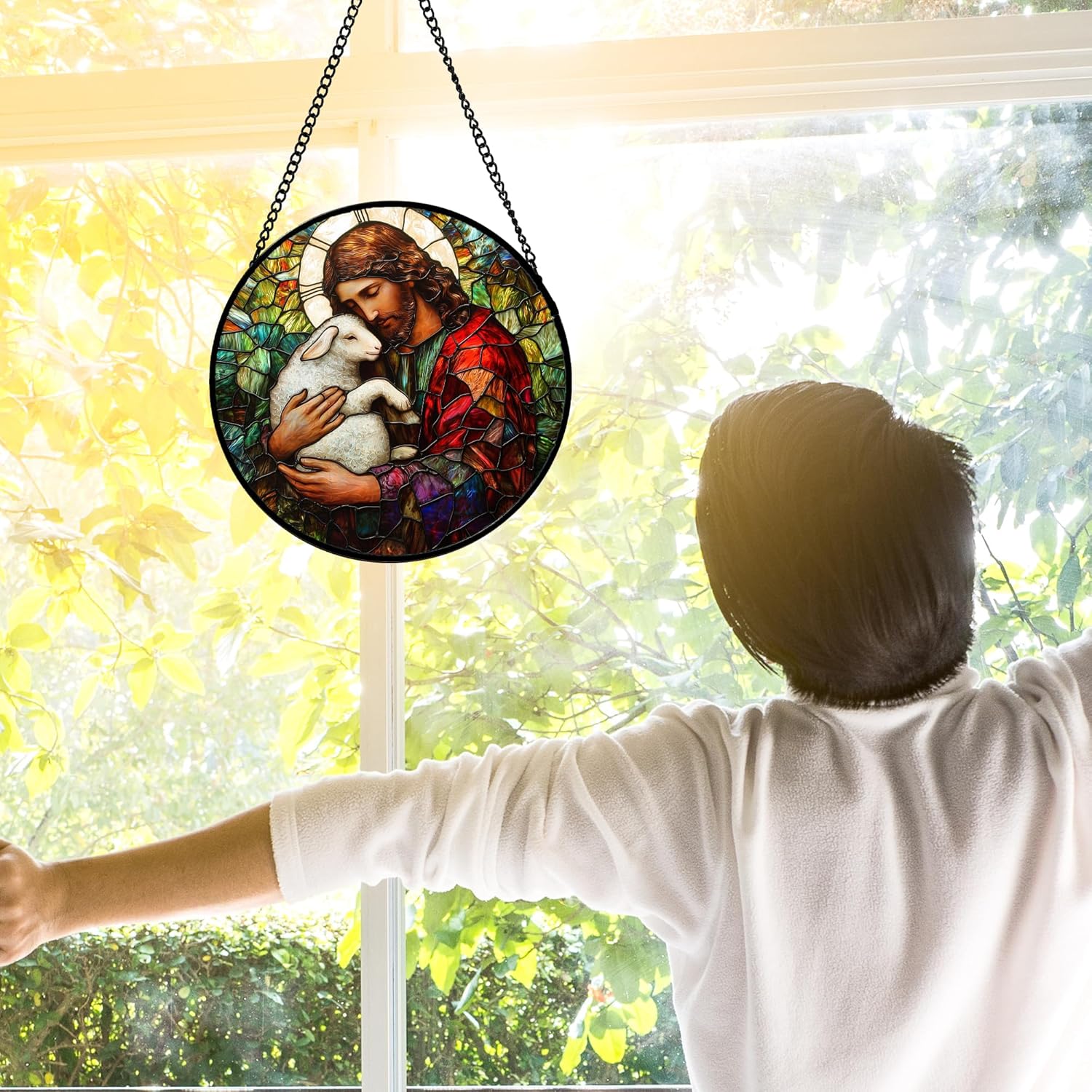 Stained Glass Window Hanging, Jesus Little Lamb Sun Catchers Colorful Glass Panel Christianity Suncatcher Decor for Birthday for Women, Men, Wife, Aunt, and Mom 6.3 in - Image 2