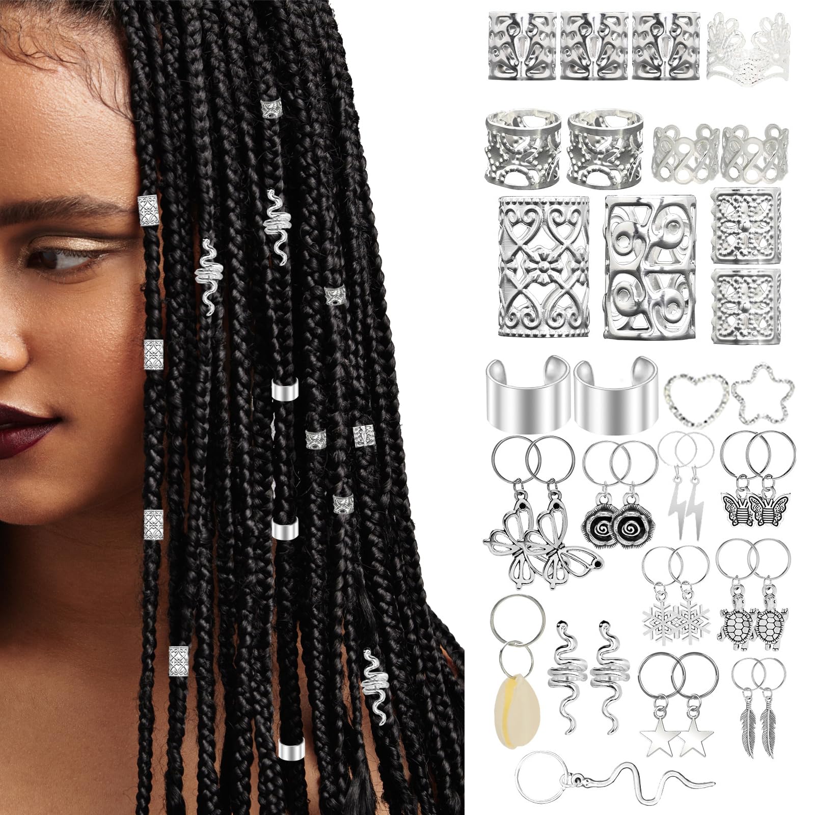 Joyeee Kit Perline Argento per Capelli in Scatola Organizzatrice – Oltre 257PCS Manicotti Filigrana Argento Fiocchi Neve Conchiglie Charm Farfalla per Treccine Dreadlocks