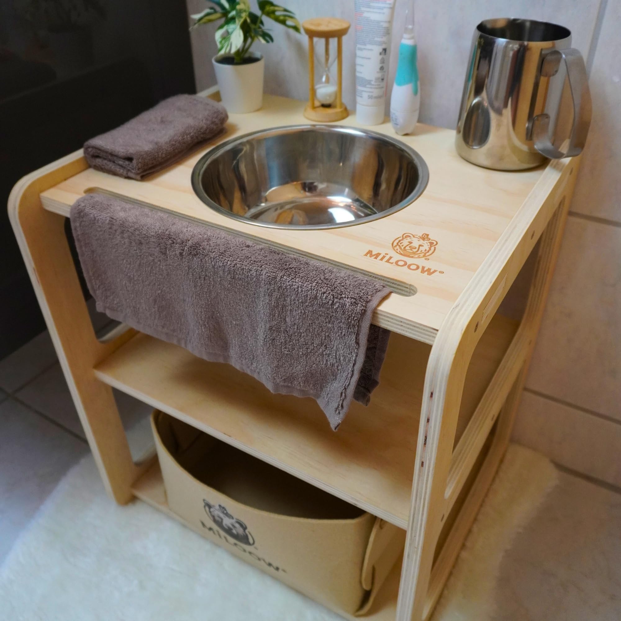 Lavabo Montessori per Bambini in Legno (40x35x45 cm) con Specchio Orsetto, Clessidra, Asciugamano e Cestino – Autonomia, Igiene e Apprendimento per Cucina e Bagno