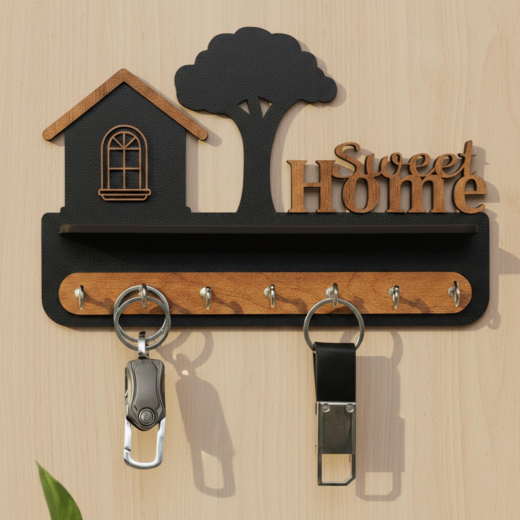 Deskart Premium Key Holder with 7 Key Hanger Hooks | Self Adhesive 3D Designed Key Holder with Sweet Home Carvings and Decorative Shelf with Stainless Steel Hooks and Double Side Tape (Sweet Home 3D)