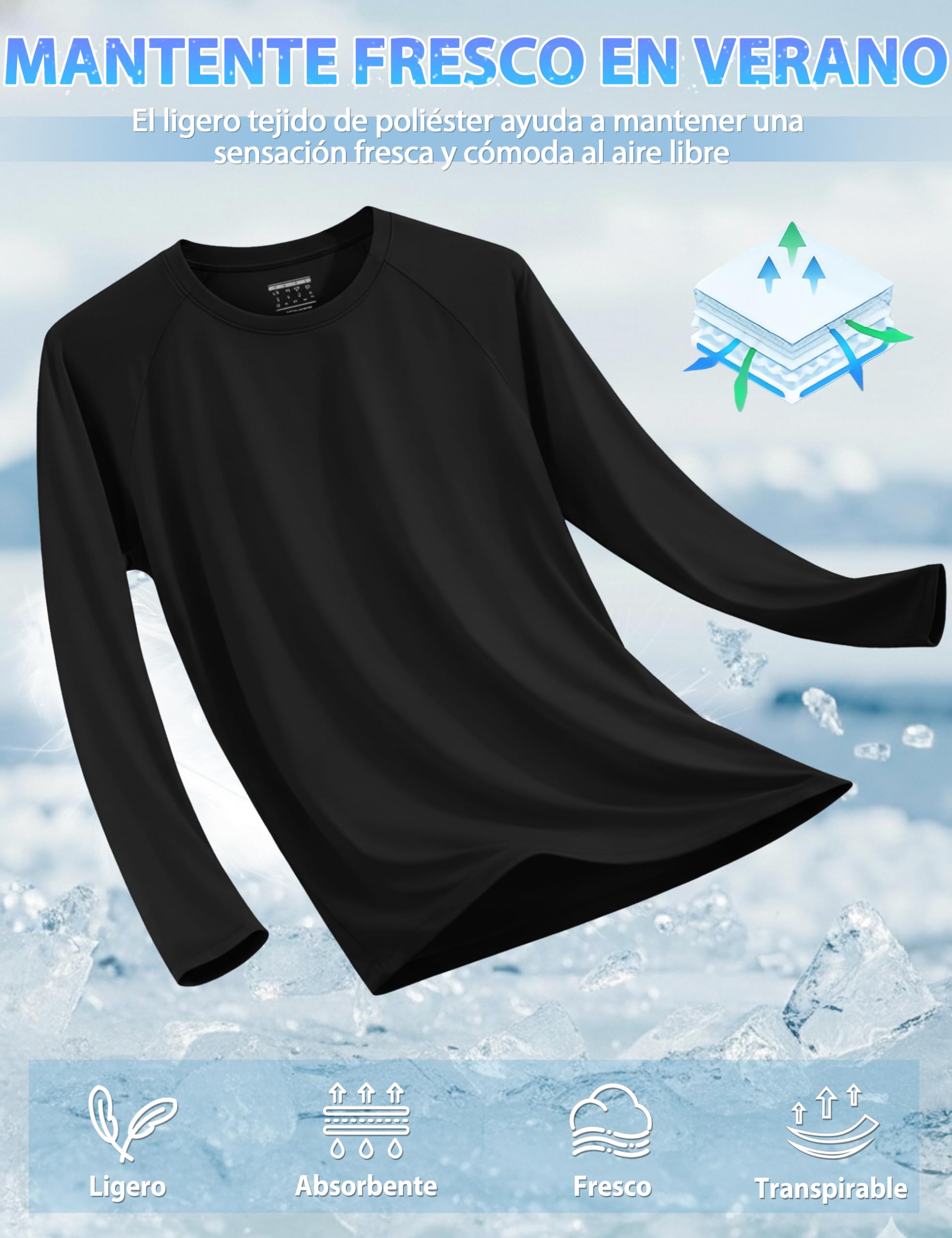 TACVASEN Camiseta Hombre Manga Larga UV UPF 50+ Turquesa S