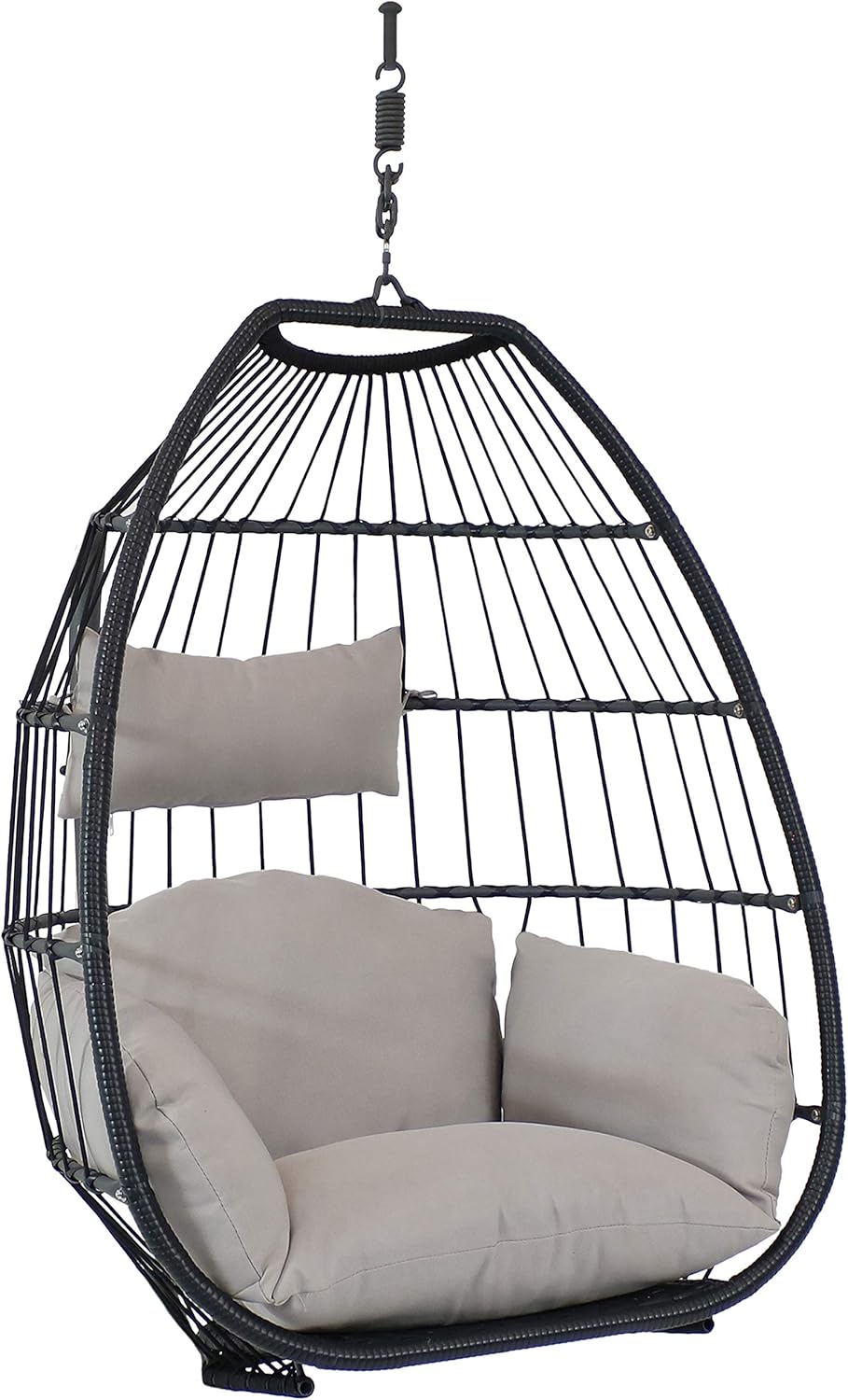 Sunnydaze Oliver Hanging Egg Chair with Seat Cushions - Black Resin Wicker Frame with Gray Polyester Cushions - 48-Inch