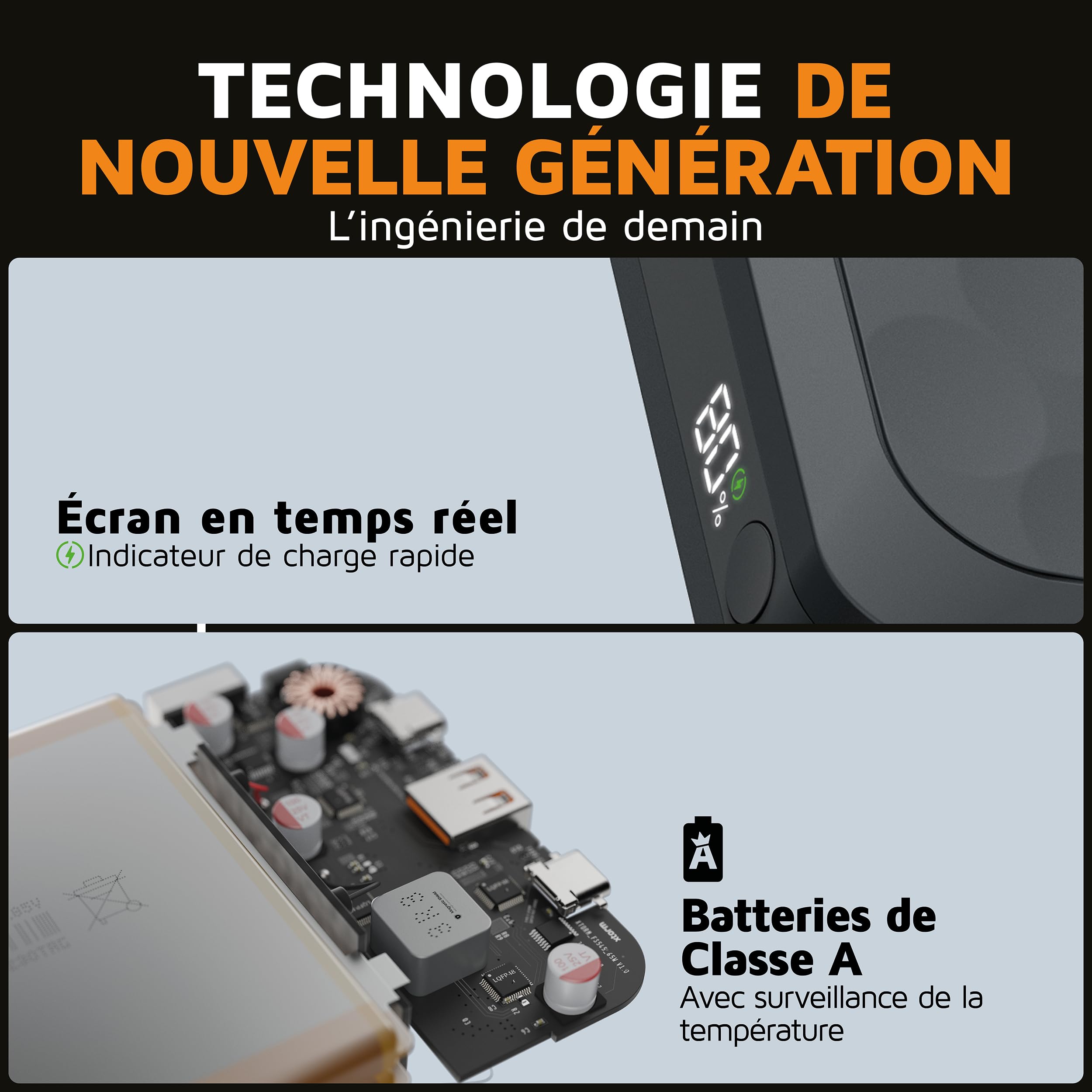 Xtorm 67W Série Fuel 5 Batterie Externe 45 000mAh, Affichage LED, 2 x USB-C / 1 x USB-A, Matériau 100% GRS, Fonctions de sécurité, Compatible avec Samsung et iPhone, Noir