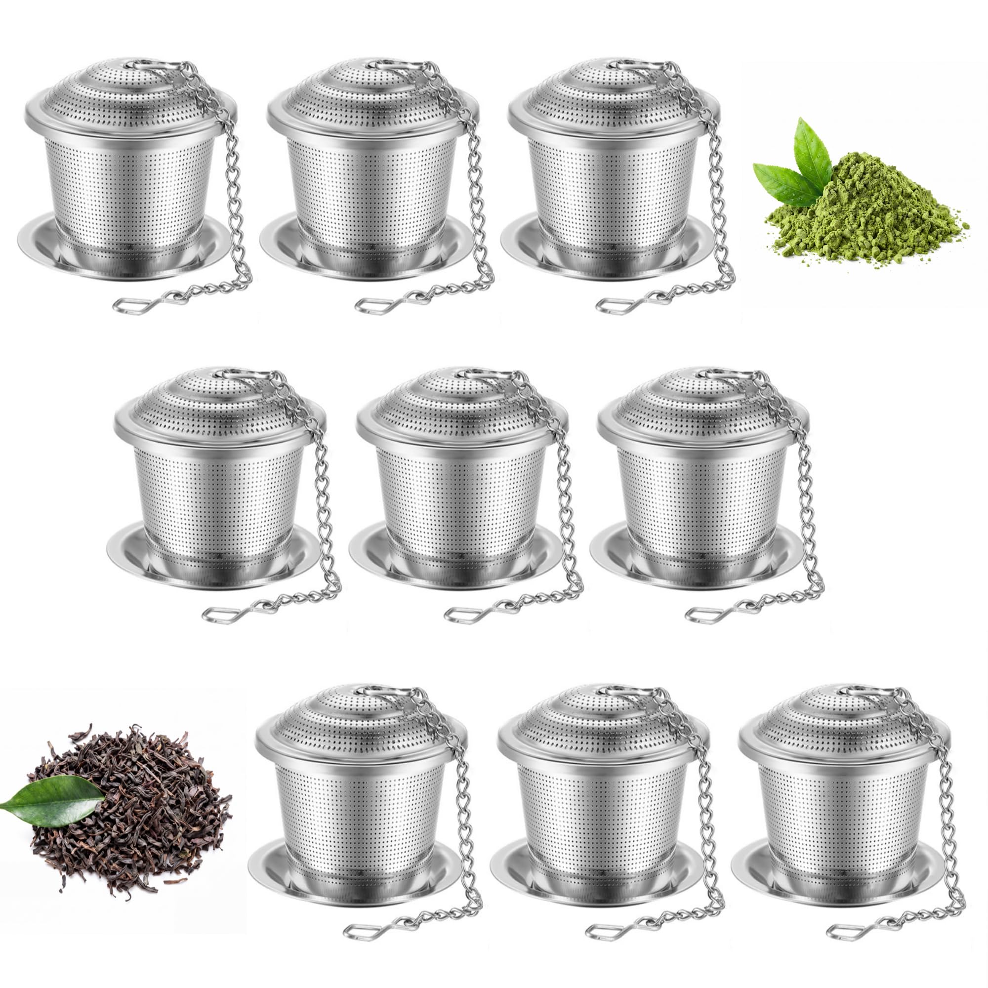 9 infusores de té de acero inoxidable con gancho de cadena extendida y platillo, hojas sueltas, filtro de bola de té de malla fina para preparar té, especias, condimentos, se adapta a tazas y botellas
