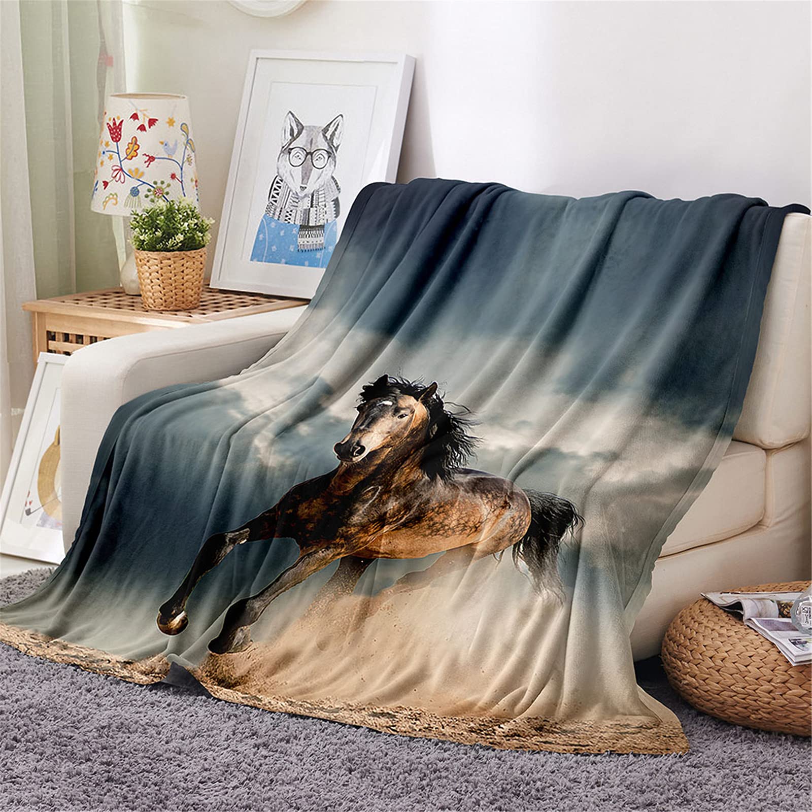 Chickw11 Coperta di Flanella, 3D Cavallo Morbida Leggera Pile Coperte Comfort Calda Coperta Tutte Le Stagioni Multifunzionale per Divano o Letto Singolo e Matrimoniale (Cielo Grigio,130x150cm