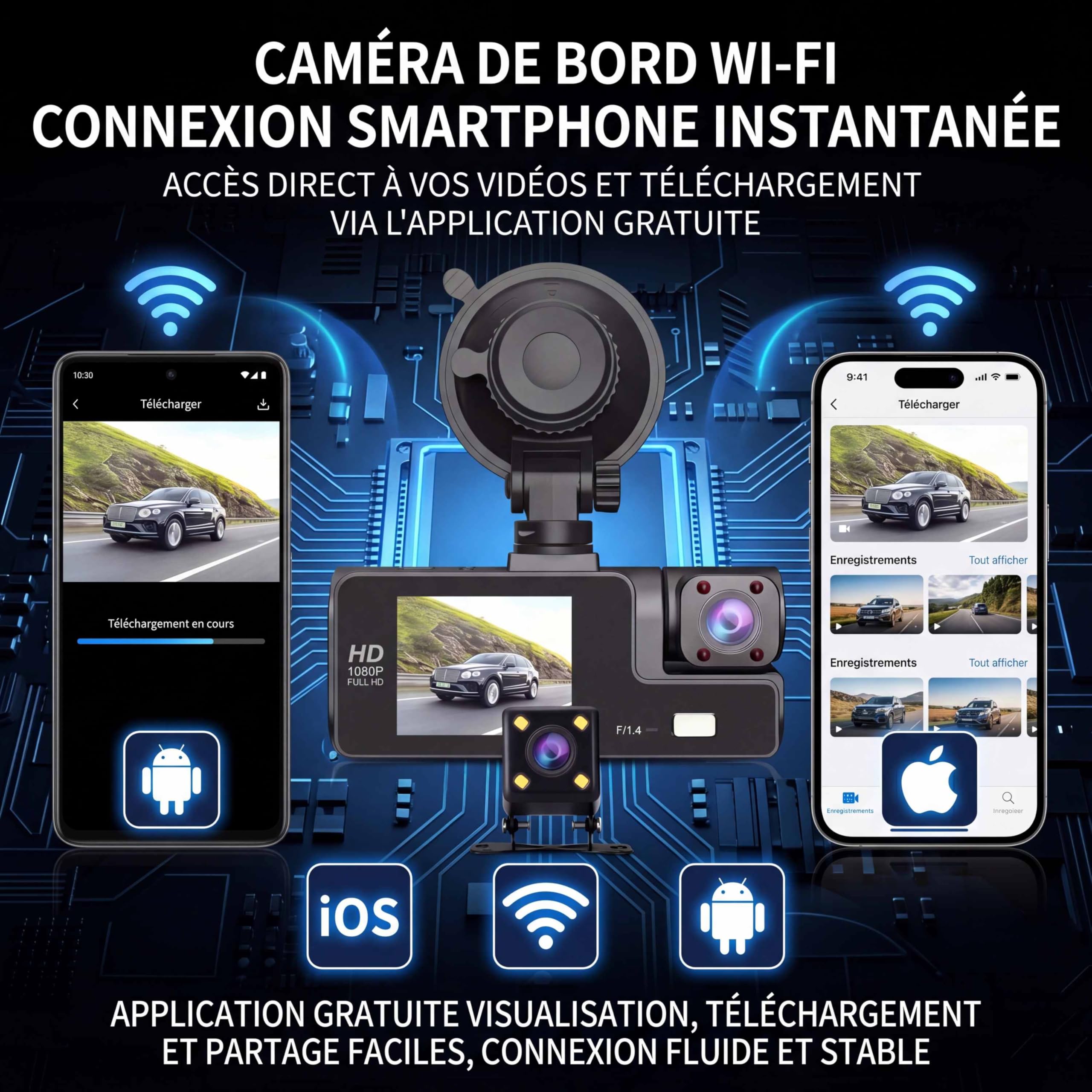 Telecamera Dashcam 3 telecamere 1080P Full HD | Massima sicurezza a 360° senza angolo morto, visione notturna e parcheggio monitorato, WiFi integrato rilevamento del movimento, ideale per i conducenti