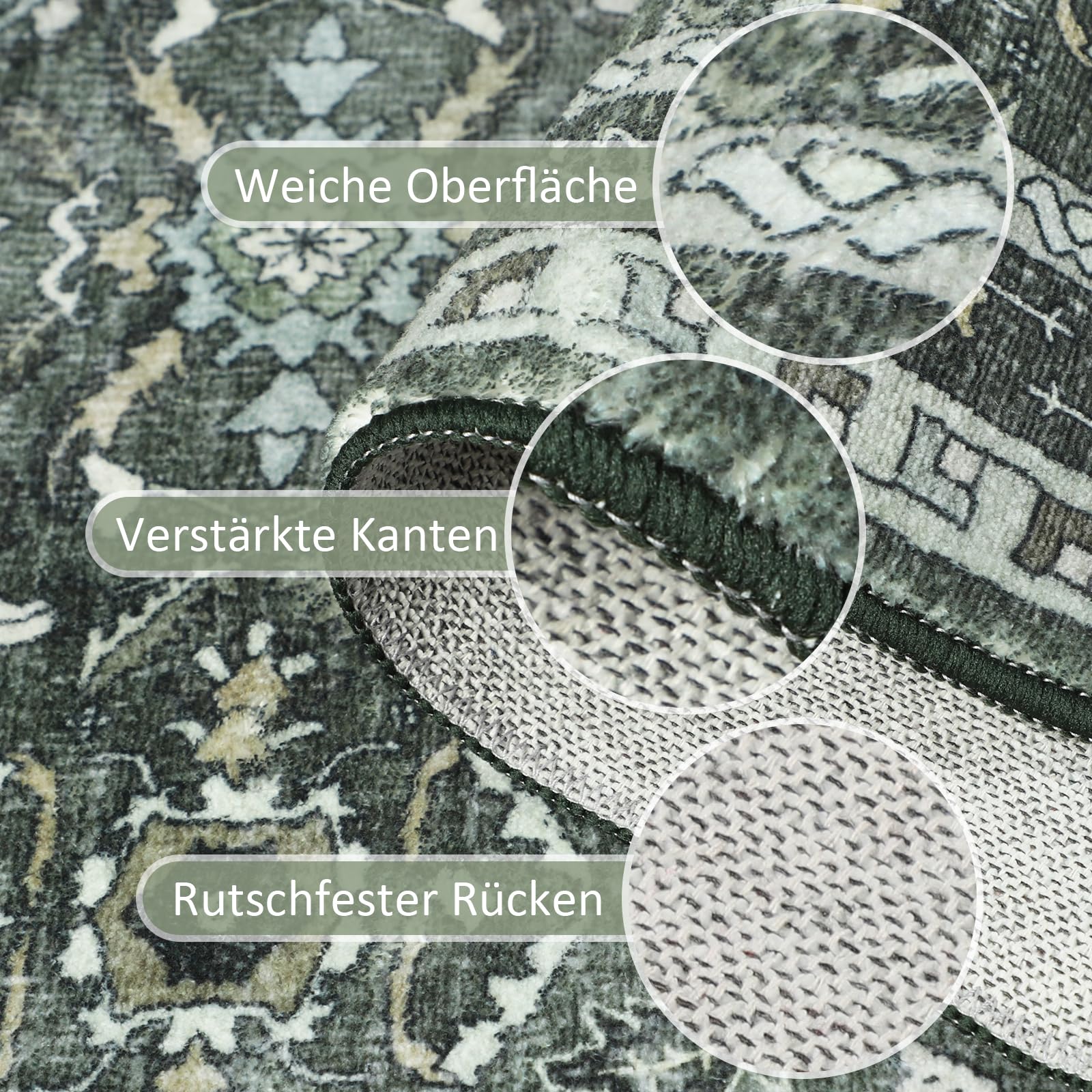 Groß Teppich Wohnzimmer 200x290cm Waschbar in Waschmaschine Vintage Boho Kurzflor Carpet Weich Antirutsch Rugs for Living Room Schlafzimmer Esszimmer, Grüner Teppich