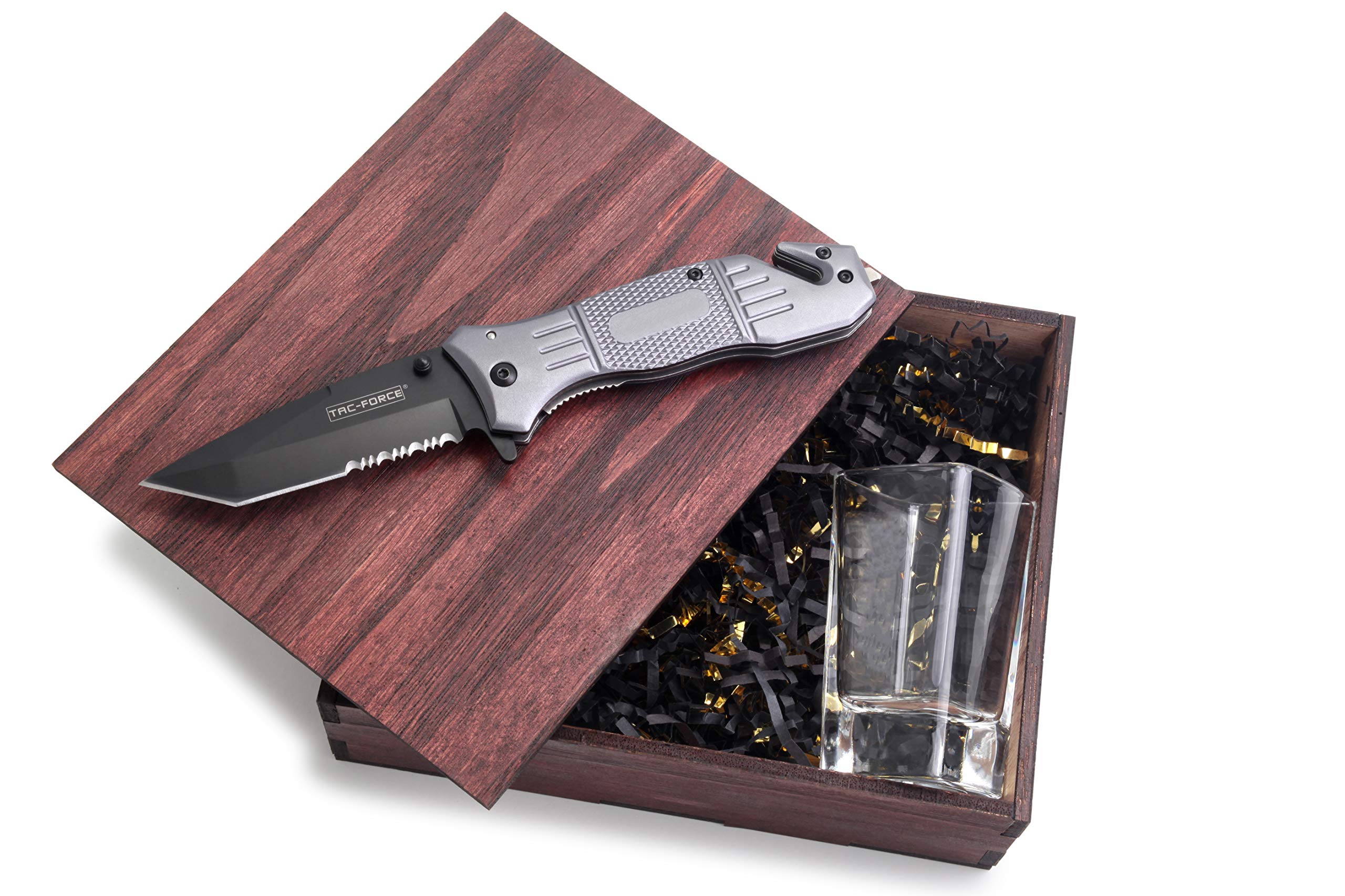 Unique Gift Baskets for Men – Tactical Pocket Knife & Shot Glass Set + Gift Boxes With Lids – Groomsmen Gifts Box Set - Anniversary Gifts for Men