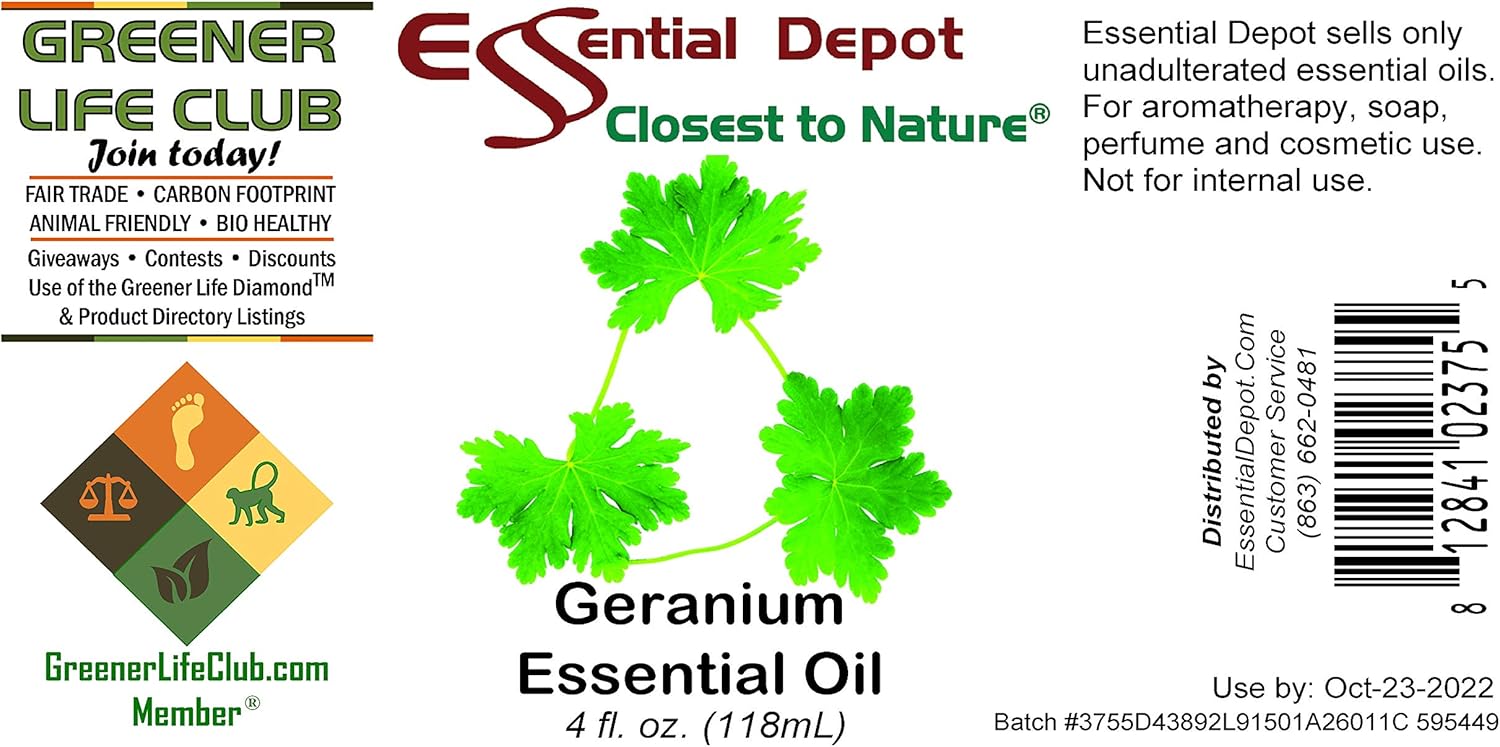 Essential Depot Geranium Essential Oil - GC/MS Tested - Supplied in 4 oz. Amber Glass Bottle with Black Phenolic Cone Lined and Safety Sealed Cap