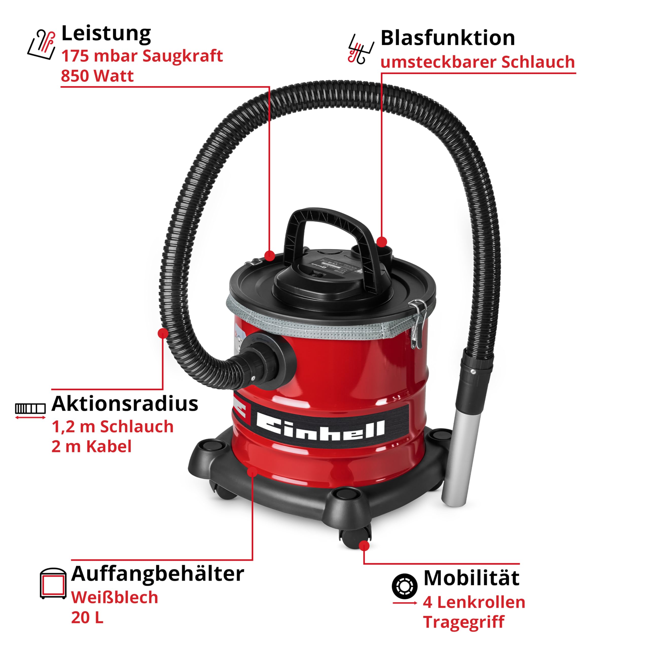 Einhell TC-AV 2032 DW Aschesauger 850 W 175 mbar 20 L Faltenfilter Blasfunktion