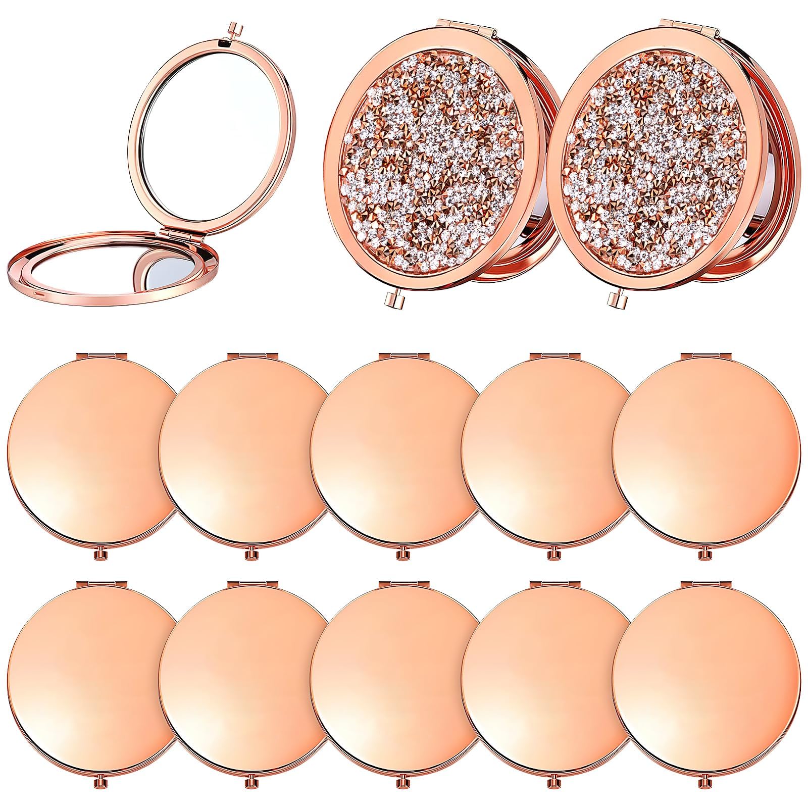OJMHD 12 Pcs Compact Mirrors for Purse, 1X / 2X Magnifying Makeup Mirror Bulk for Gift, Small Folding Pocket Mirror with Diamond for Travel Women Girls Bridesmaid Gift, Rose Gold