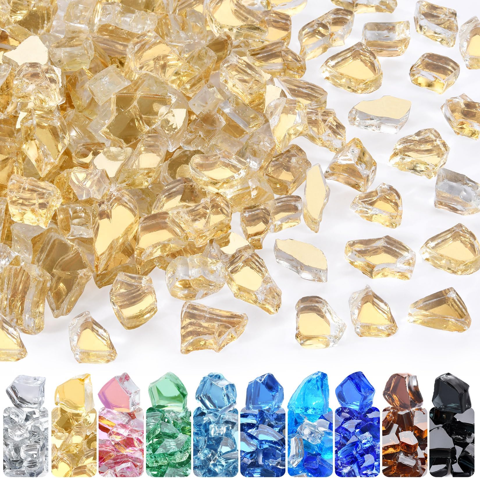GasSaf 1/2 Inch Fire Glass Reflective Tempered Fireglass Cut Crushed FireGlass for Fire Pit, Fireplace, Replaces Existing Gas Logs & Lava Rocks (10 Pound)(Gold Reflective)