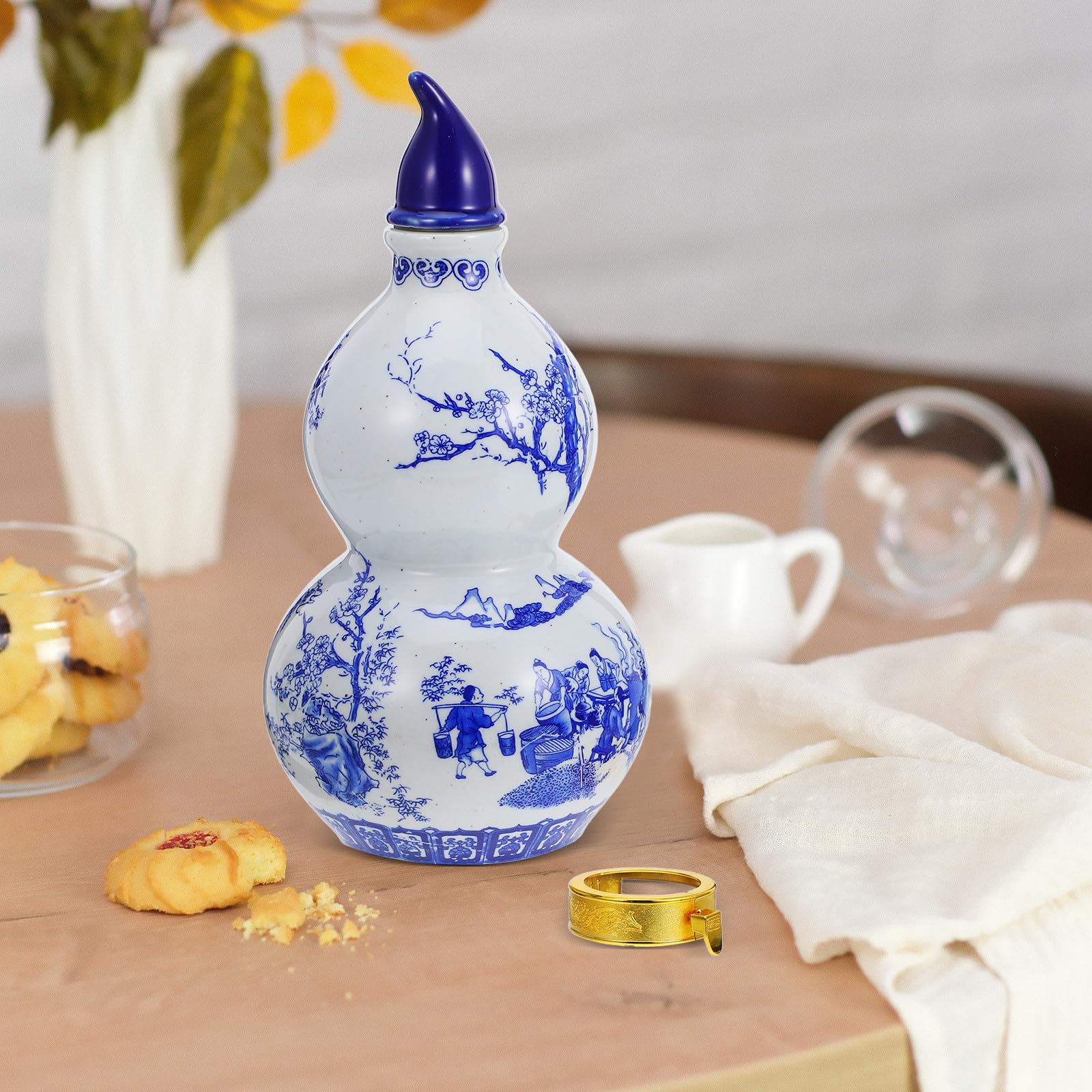 Bottiglia per Sakè in Ceramica Blu, Brocca a Zucca Vintage