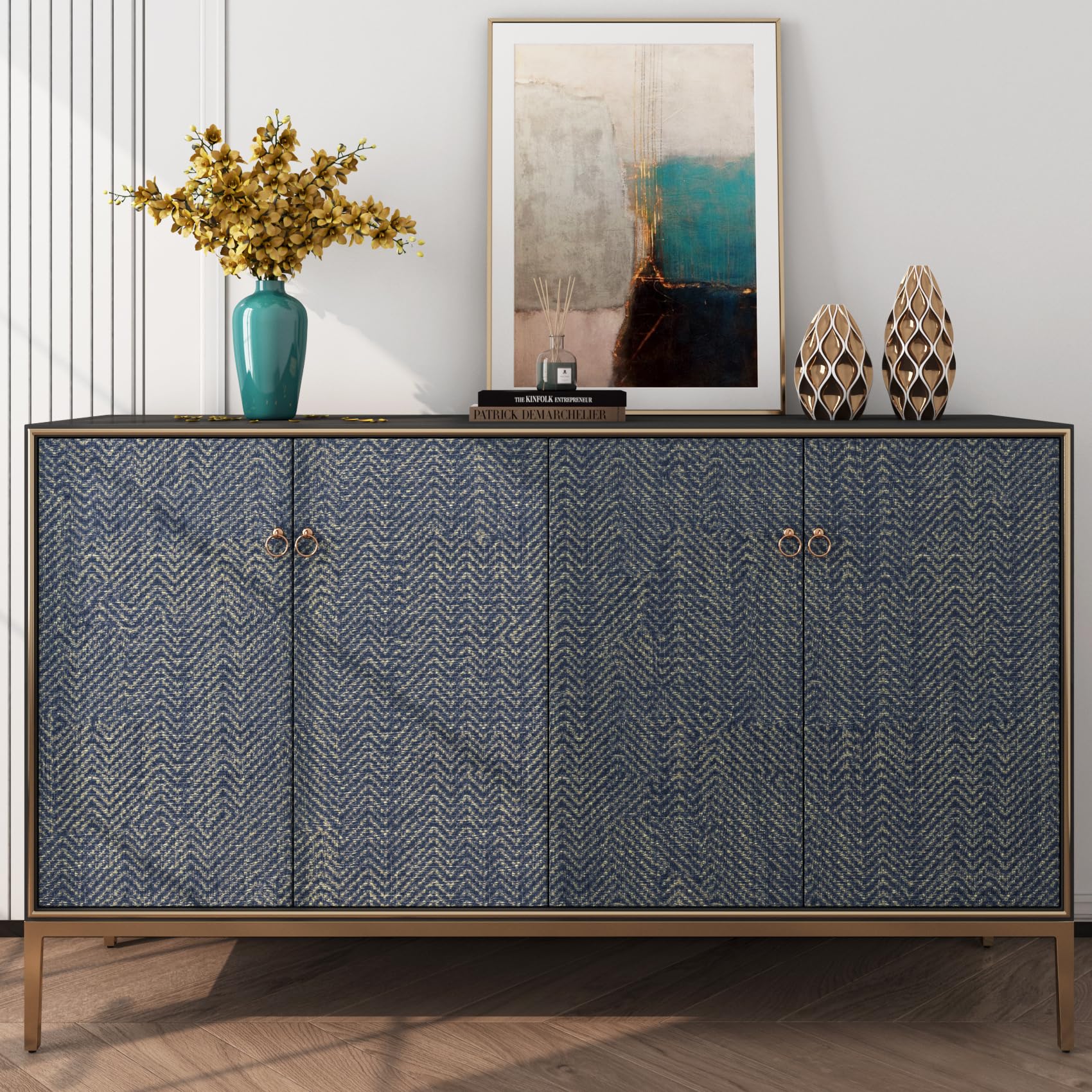 FunStick 60CMx5M Peel and Stick Wallpaper Navy Blue Wallpaper for Living Room Blue and Gold Patterned Sticky Back Plastic for Furniture Shleves Blue Vinyl Wrap for Kitchen Cupboards Worktop Vinyl - Image 4